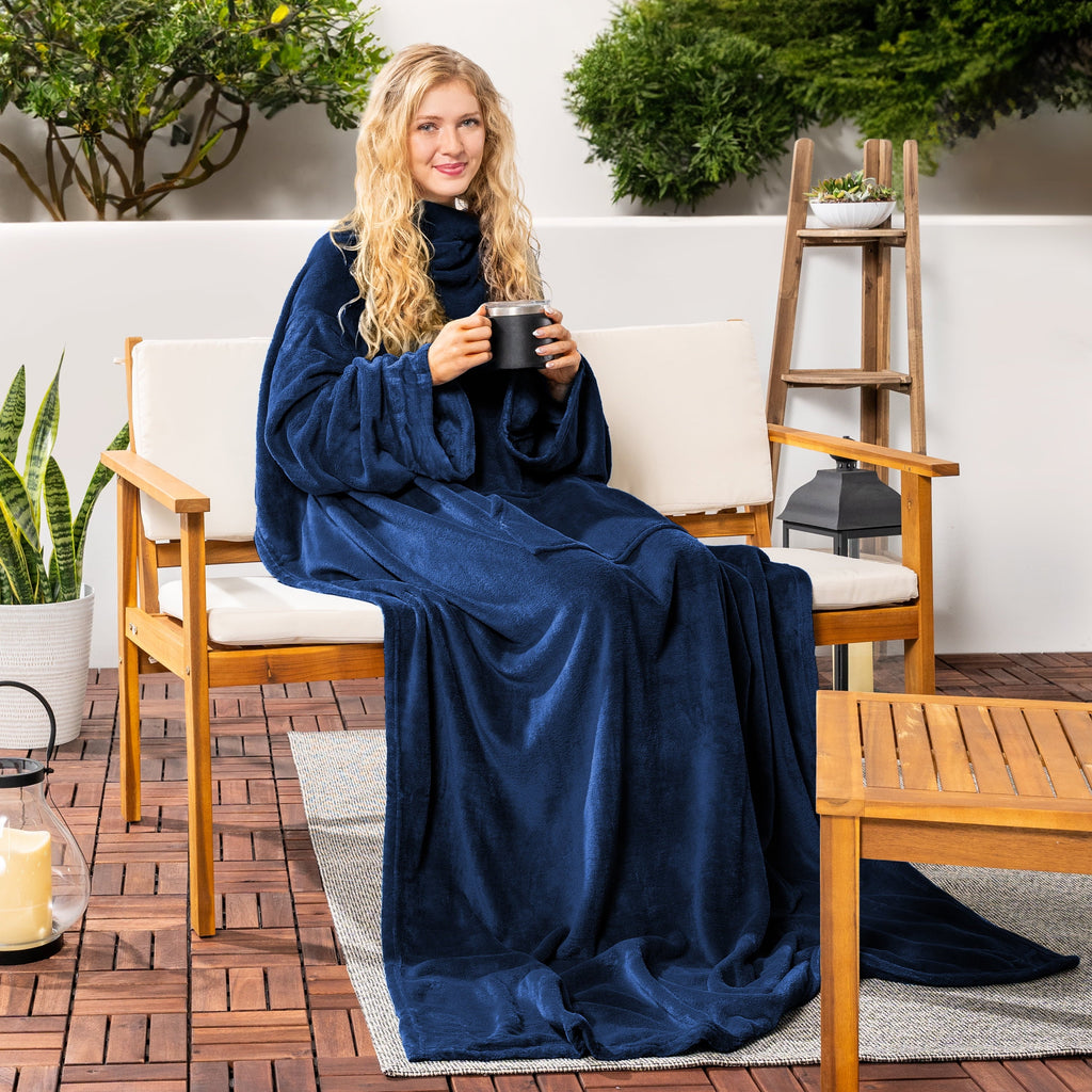 Cozy Fleece Navy Blue Fleece Wearable Blanket with Sleeves for Adults Women Men, Soft Warm Full Body Wrap Throw, Sweatshirt Pocke... - Luxury Knitted Decorative Throw Blanket with Fringes Detail