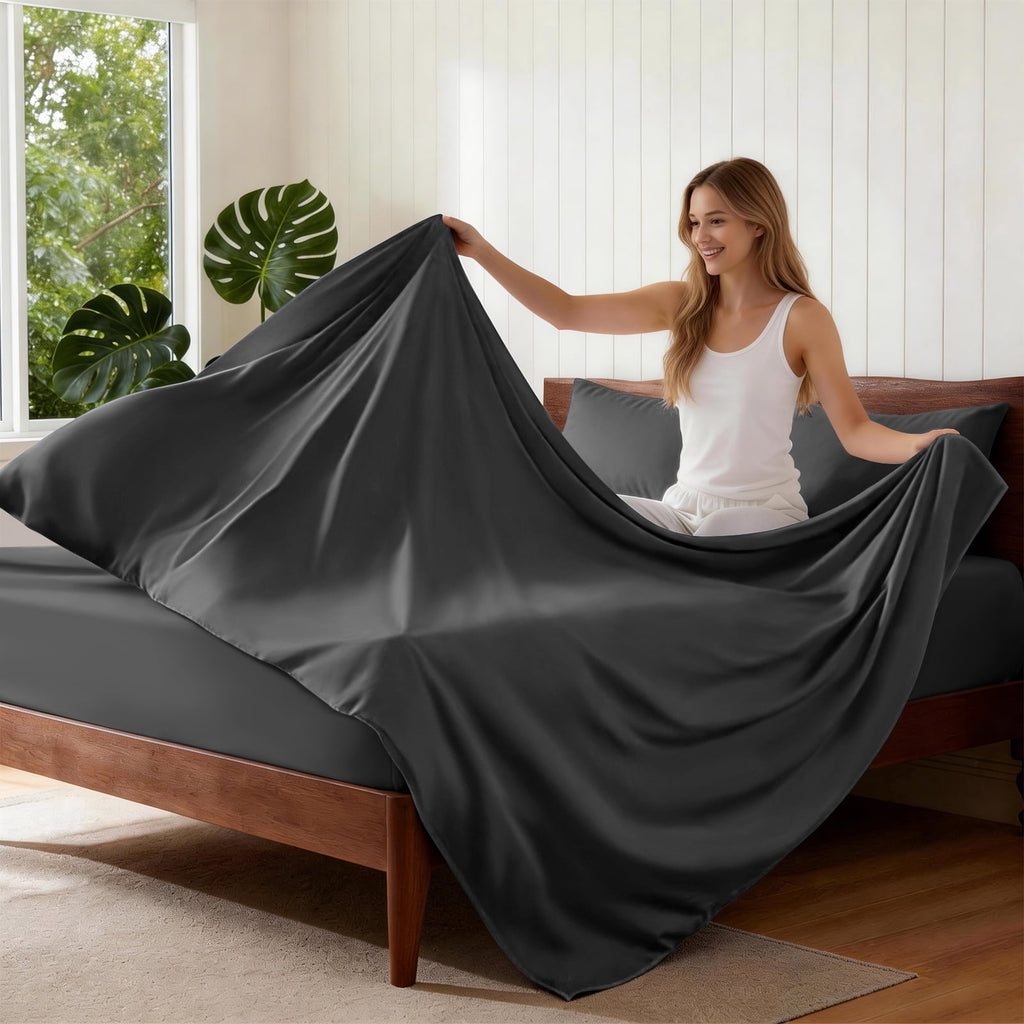 Wrinkle-Resistant Sheets,Soft Hotel Luxury Polyester Washed Cotton,4 Piece Sheets Set,with 14" Deep Pocket,Dark Gray - Luxury Bed Sheet Set with Deep Pockets Detail