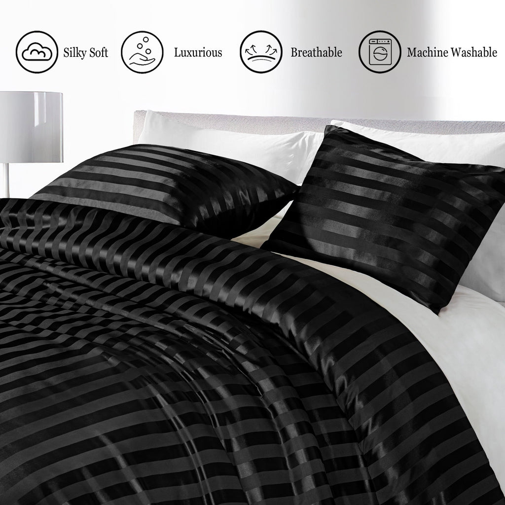 Heavyweight Warmth 3-Piece Reversible Silky Soft King Size Comforter Set, Luxury Stripe Satin Oversized Comforter Bedding Set with 2 Sat... - Luxurious Quilted Duvet Cover Set Detail