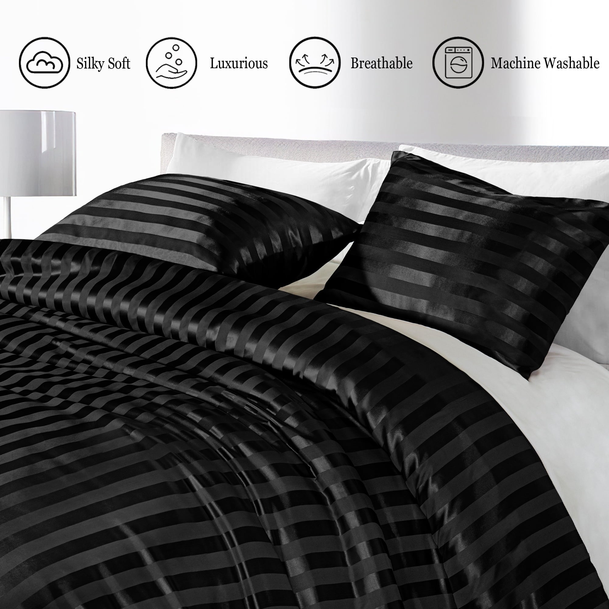 Heavyweight Warmth 3-Piece Reversible Silky Soft King Size Comforter Set, Luxury Stripe Satin Oversized Comforter Bedding Set with 2 Sat... - Luxurious Quilted Duvet Cover Set Detail