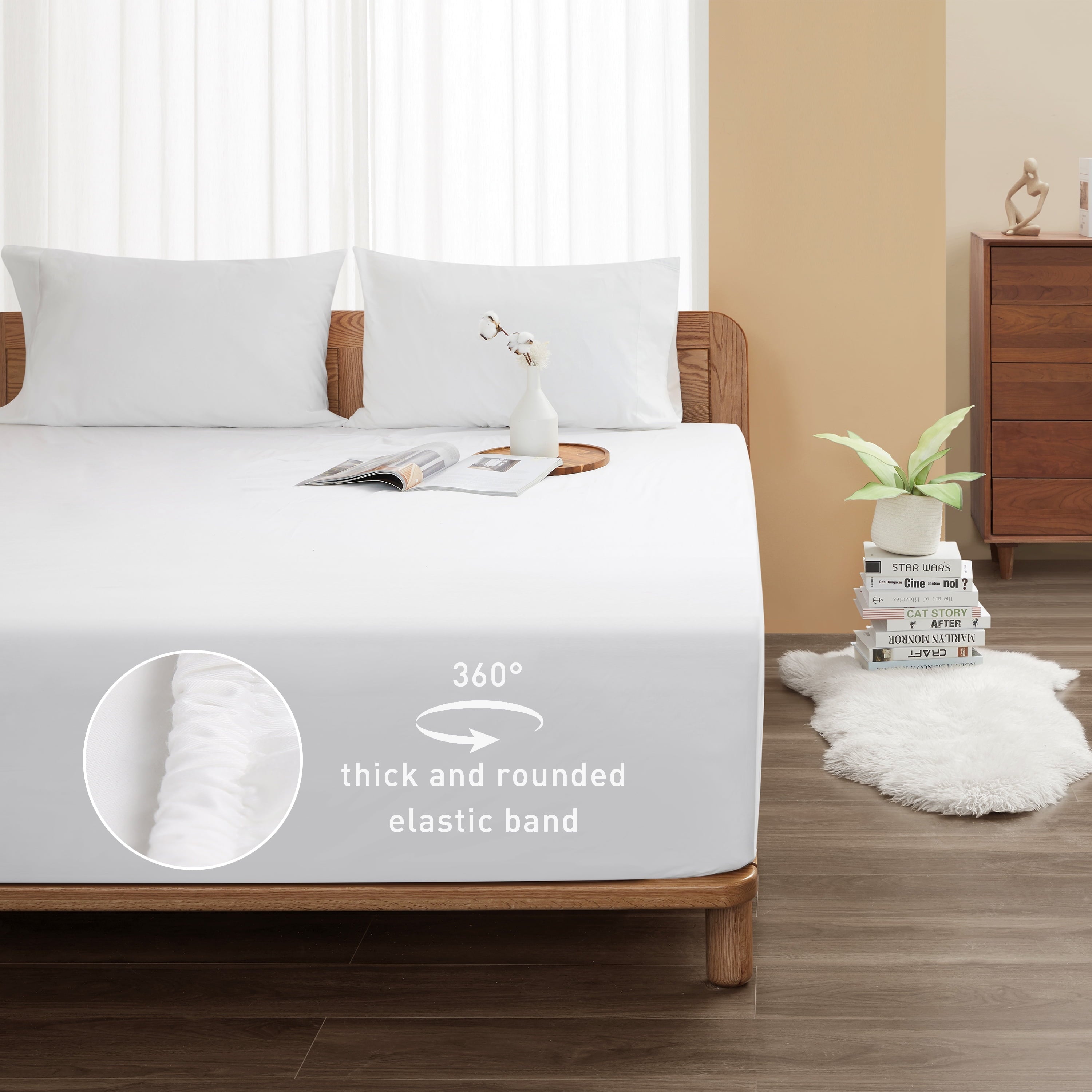Premium Egyptian Cotton 100% Cotton Queen Size Fitted Sheet Only, 300 Thread Count White Fitted Bed Sheet with 22” Extra Deep Pocket, Soft & ... - Breathable Egyptian Cotton Flat & Fitted Sheets Detail