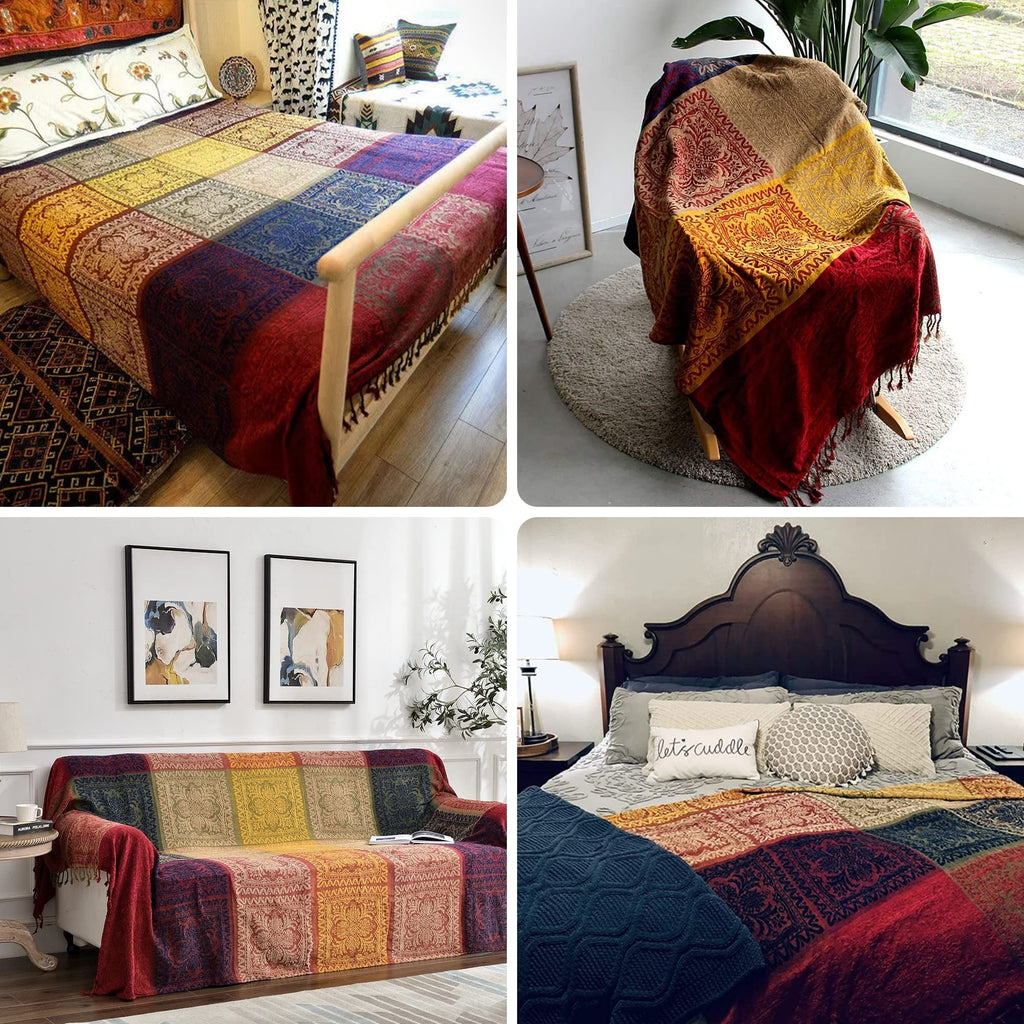 Reversible Sherpa 75x60 Inch Machine Wash Boho Tribal Throws Blankets Colorful Bohemian Hippie Chenille Throw Covers Couch Furniture So... - Lightweight Plush Warm Blanket for All Seasons Detail