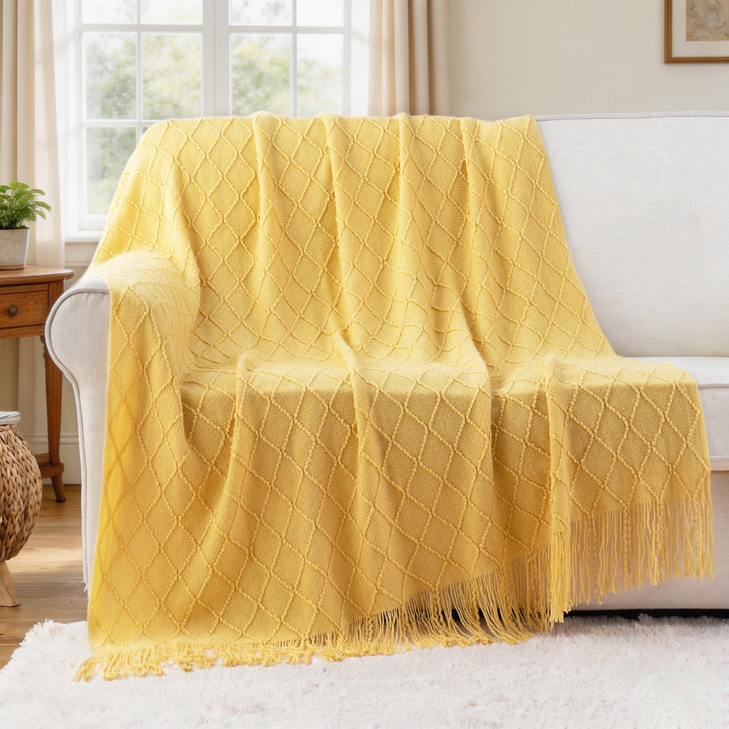 Decorative Knitted Mustard Throw Blanket for Couch,Gold Yellow Knit Throw with Fringe,Outdoor Throw ,50"x60" - Lightweight Plush Warm Blanket for All Seasons Detail