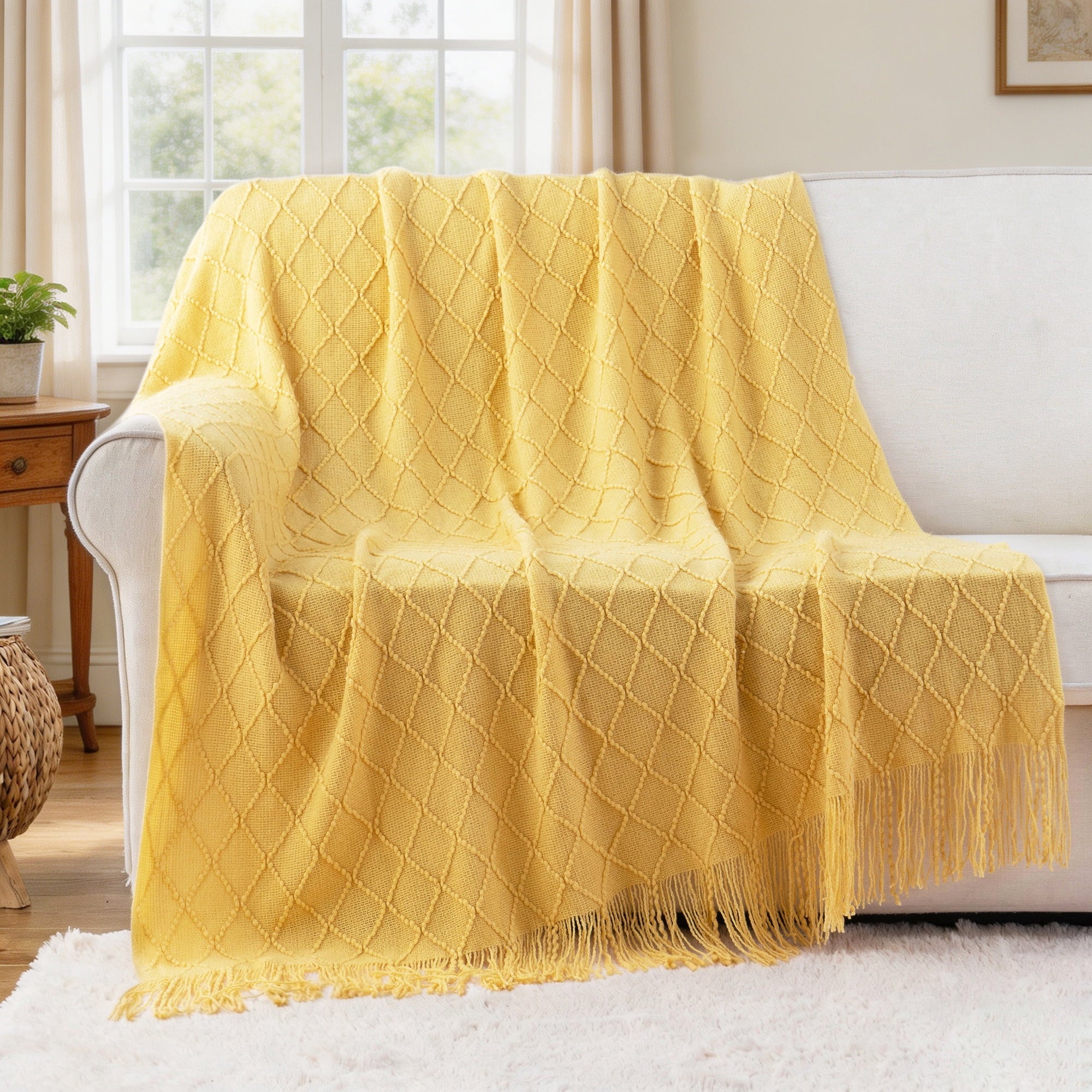 Decorative Knitted Mustard Throw Blanket for Couch,Gold Yellow Knit Throw with Fringe,Outdoor Throw ,50"x60" - Lightweight Plush Warm Blanket for All Seasons Detail