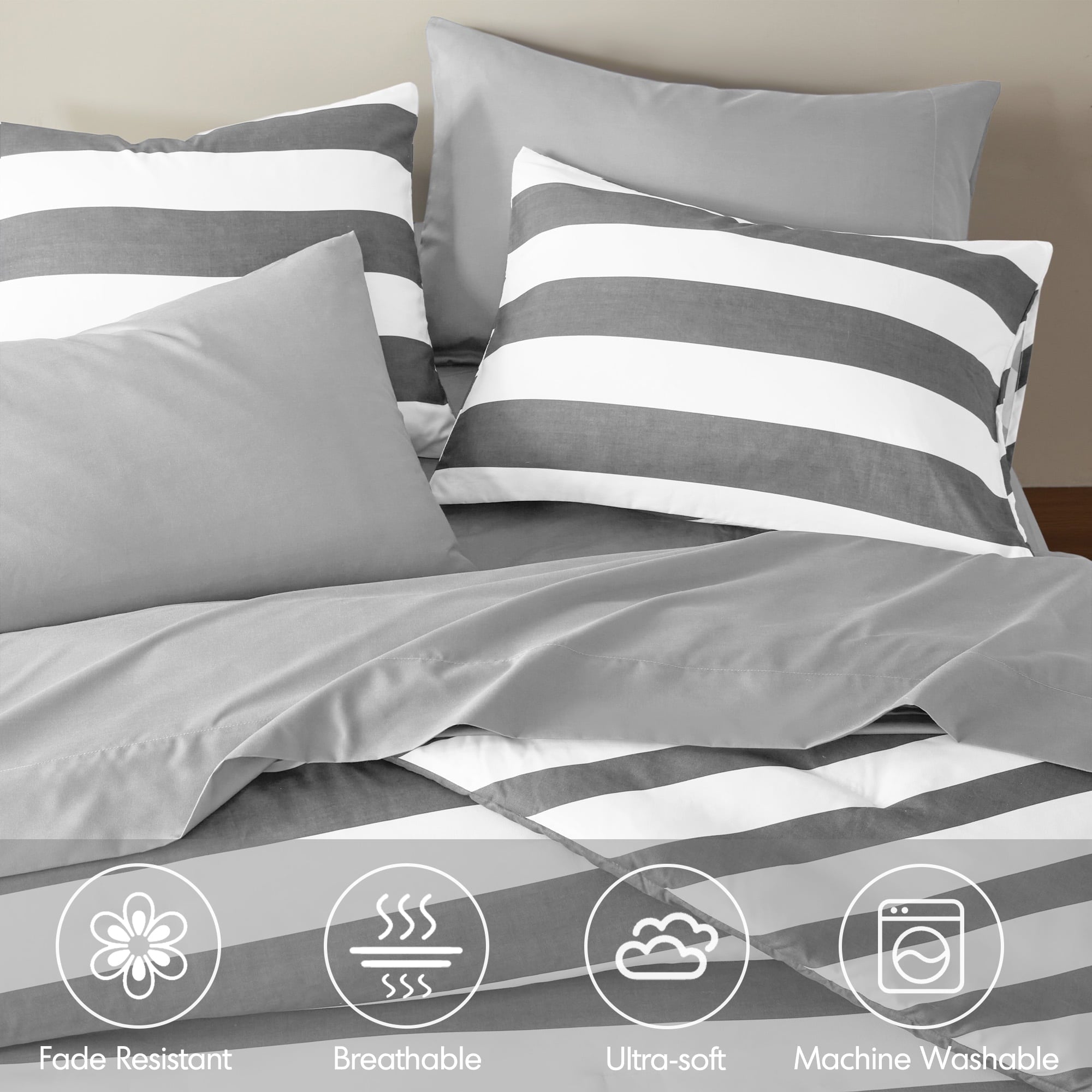 Fluffy Down Alternative Full/Queen Size Comforter Sets, 3-Piece Bedding Set Full/Queen, Reversible Striped Comforter Bed Set, Charcoal - Luxurious Quilted Duvet Cover Set Detail