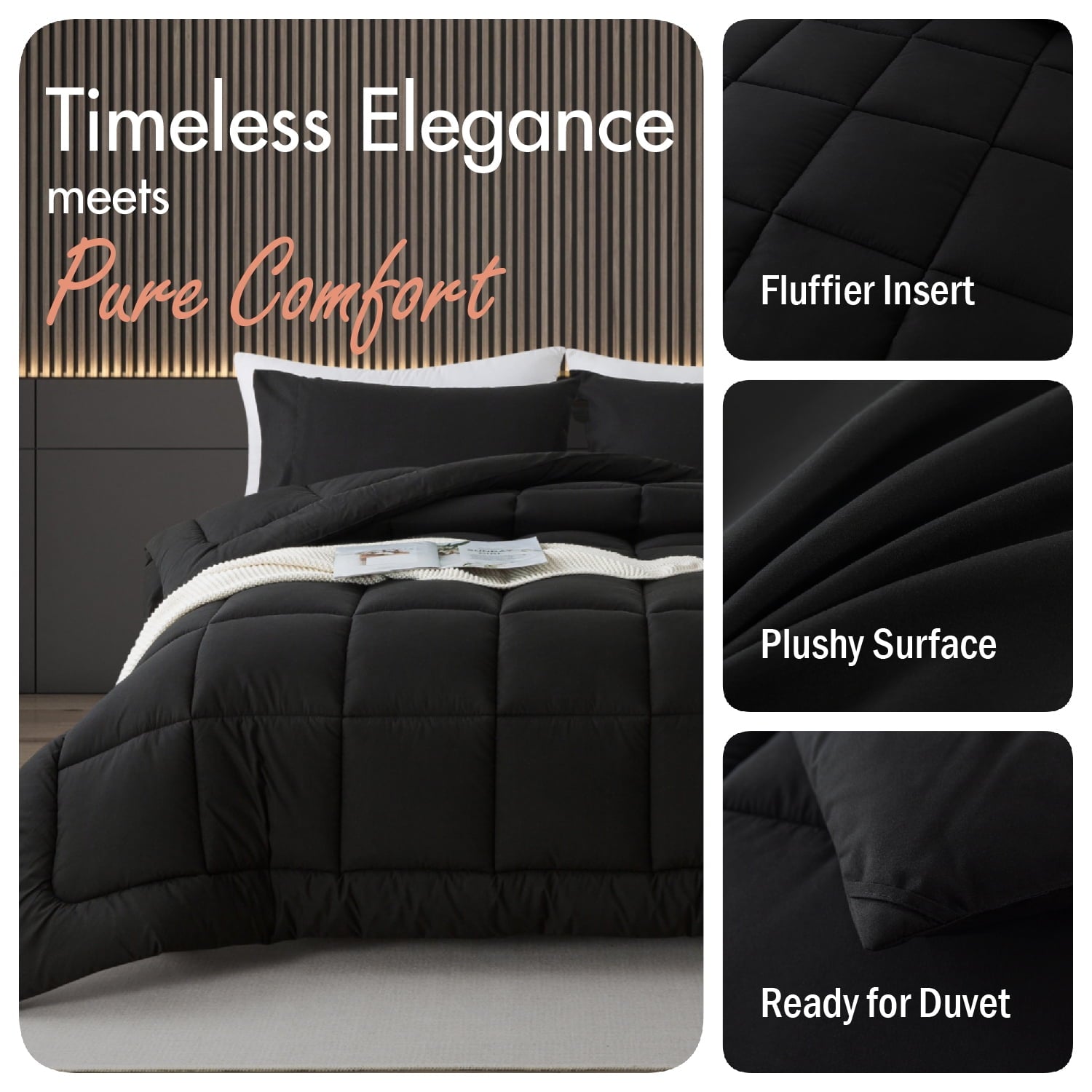 Heavyweight Warmth Queen Size 3-Piece All-Season Down Alternative Comforter Set Deep Black (Comforter and Pillowcase Bedding Set / bed i... - Cloud-Like Soft Lightweight Bed Comforter Detail