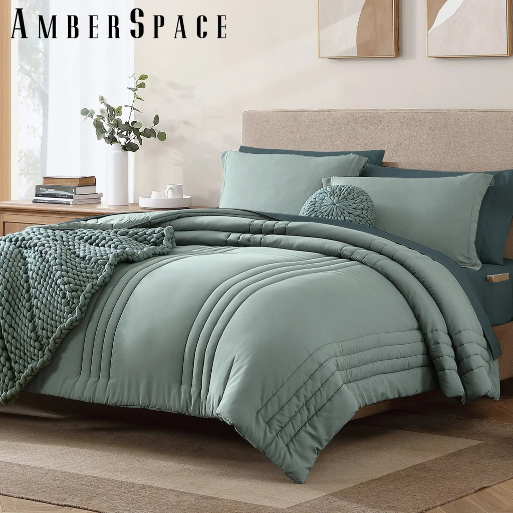 Fluffy Down Alternative 7-piece Bed in a Bag Comforter Set with Sheets,Sage Green,Full - Luxurious Quilted Duvet Cover Set Detail