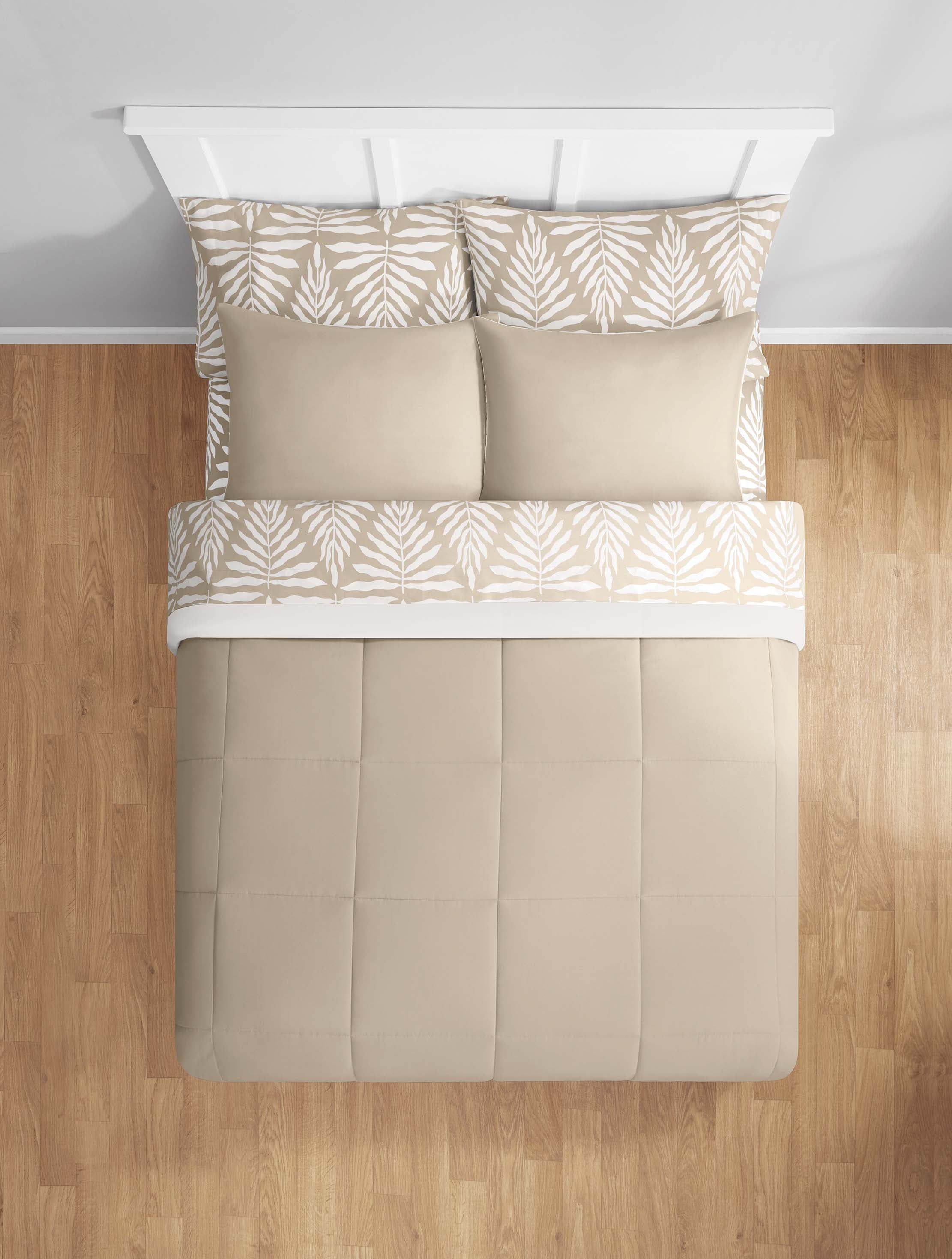 Luxurious Quilted All in One Reversible Comforter and Sheet Set- 7 Piece, Queen, Beige Palm - Luxurious Quilted Duvet Cover Set Detail