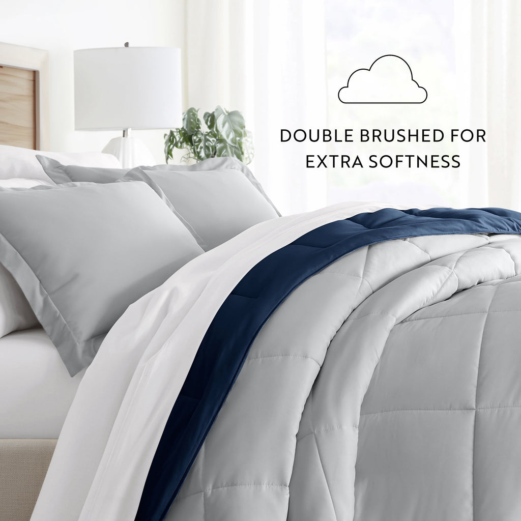 Hypoallergenic Cloud 2-Piece Navy & Gray Reversible Down Alternative Comforter Set, Twin/Twin XL - Luxurious Quilted Duvet Cover Set Detail