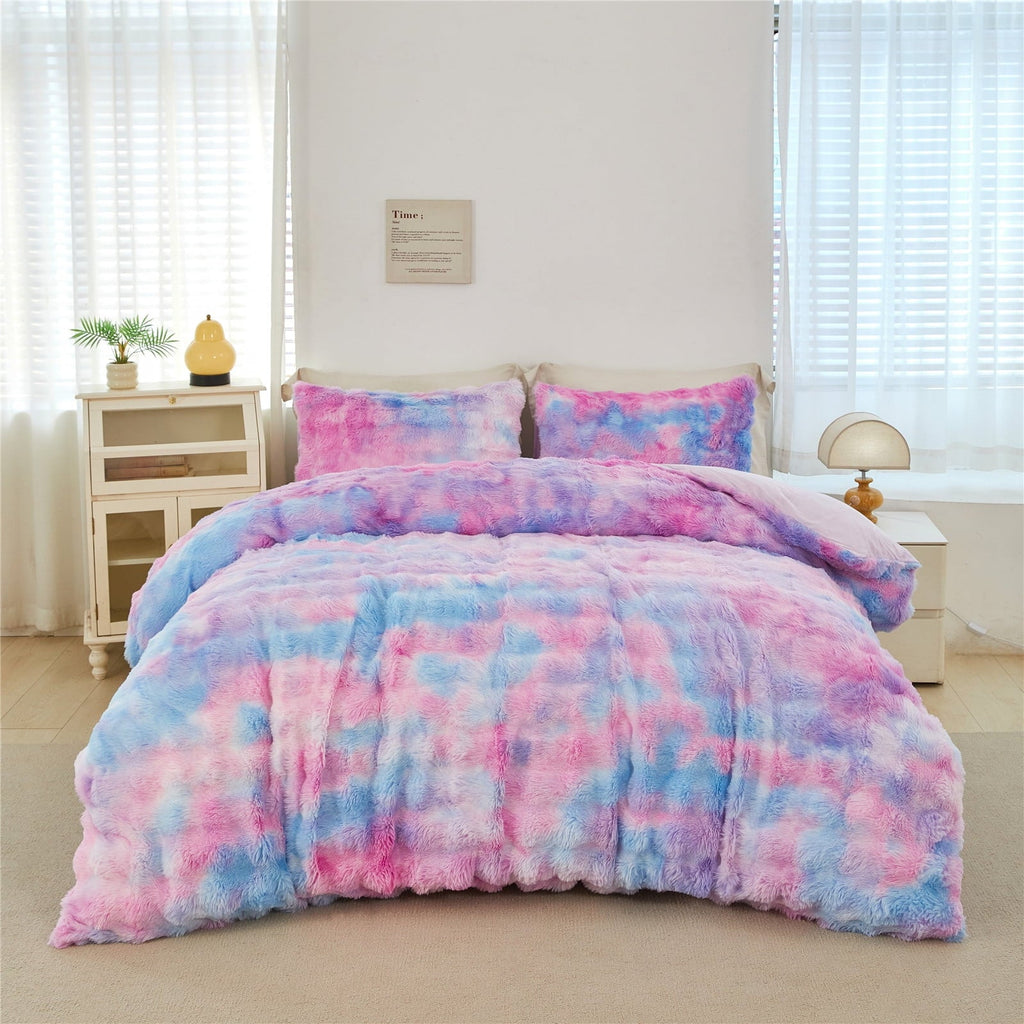 Heavyweight Warmth Faux Rabbit Fur Comforter Set Twin 3Pcs Girls Blue Purple Bedding Set Tie-Dyeing Soft Bed Comforter Set Warm Fuzzy Ki... - Luxurious Quilted Duvet Cover Set Detail