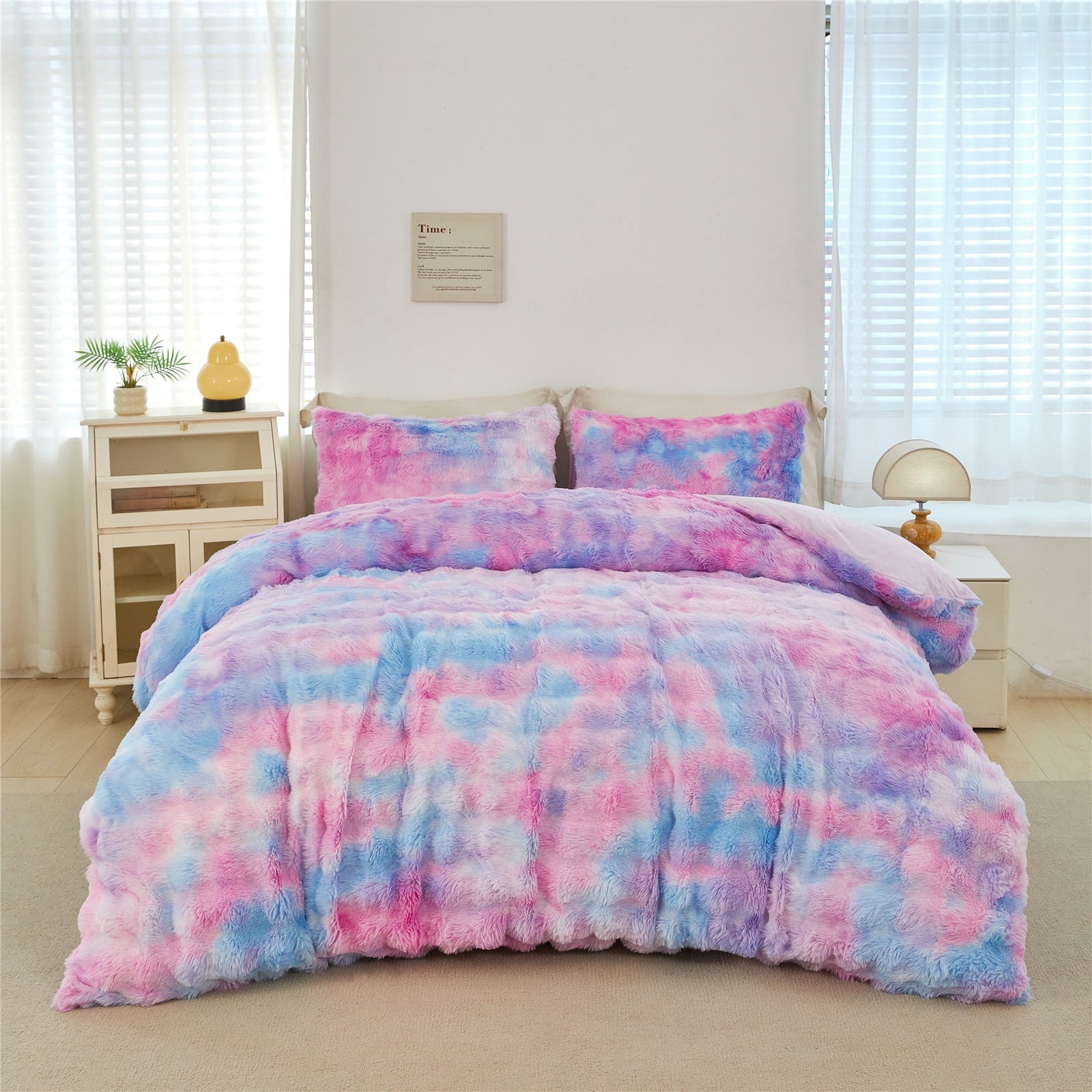 Heavyweight Warmth Faux Rabbit Fur Comforter Set Twin 3Pcs Girls Blue Purple Bedding Set Tie-Dyeing Soft Bed Comforter Set Warm Fuzzy Ki... - Luxurious Quilted Duvet Cover Set Detail