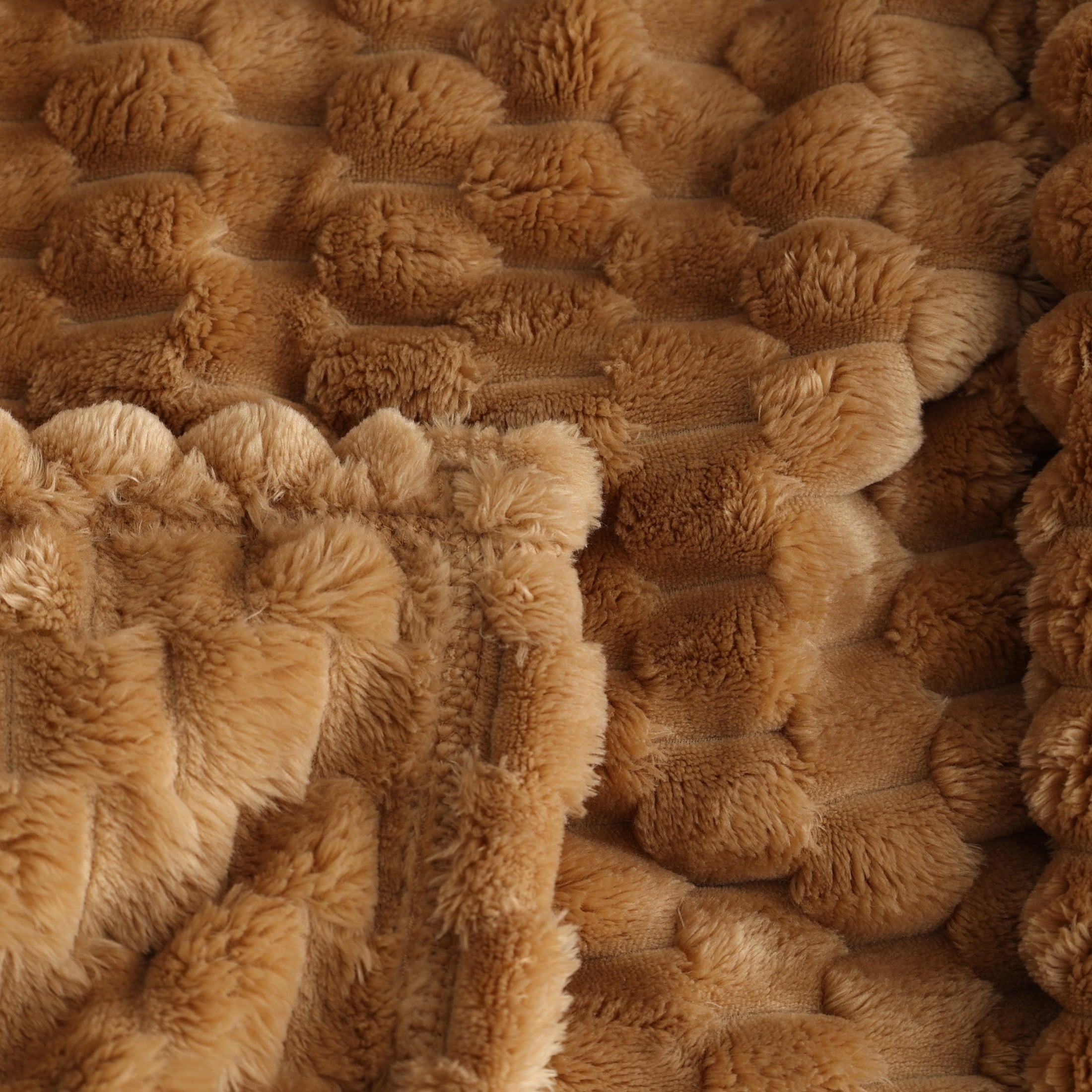 Cozy Fleece Textured Velvet Plush Oversized Throw Blanket in Dark Caramel - Luxury Knitted Decorative Throw Blanket with Fringes Detail