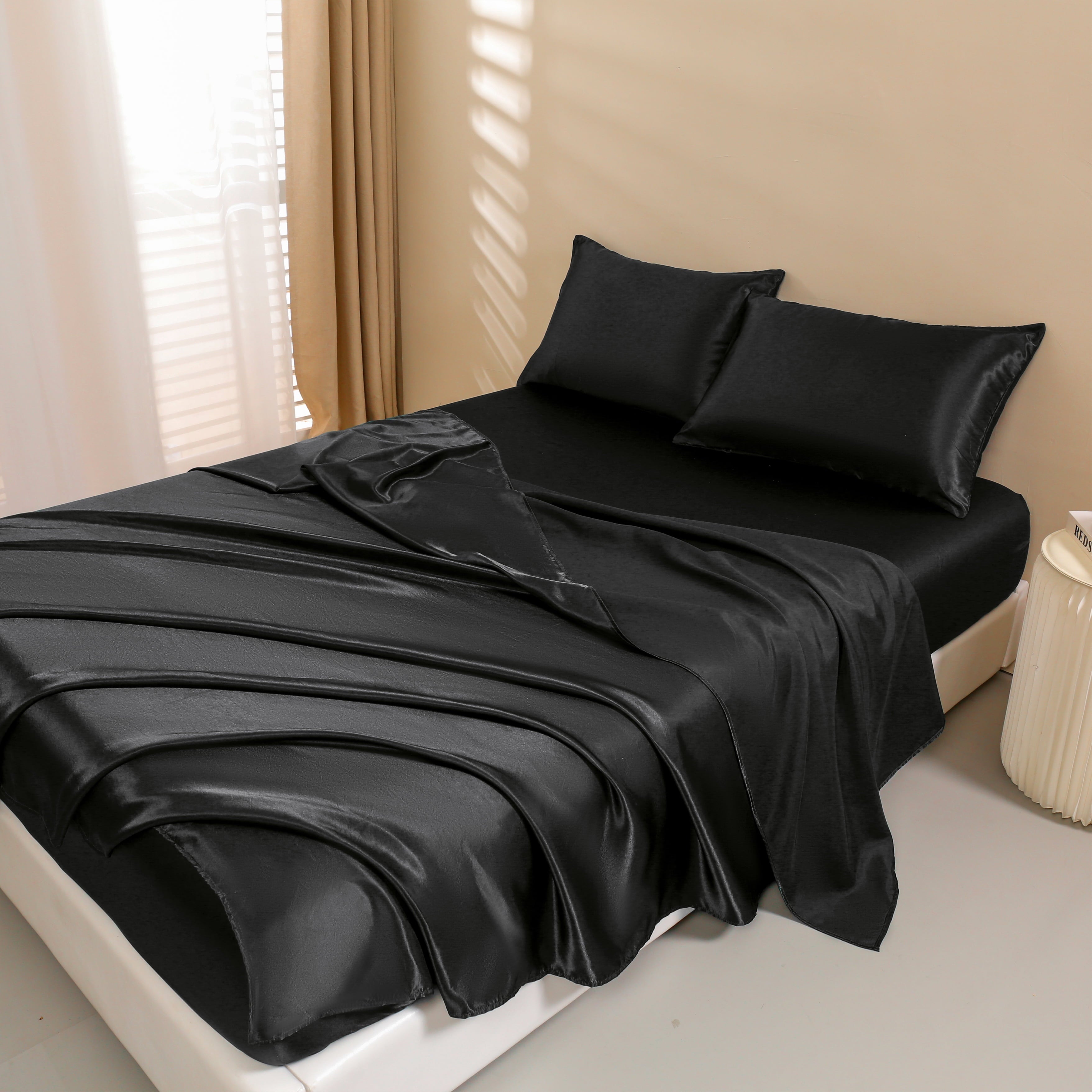 Breathable Luxury 4Pcs Black Satin Sheets Queen Set Silk Sheets 13" Deep Pocket Ultra Soft silky Bed Sheet Set - Premium Ultra-Soft Pillowcase Pair for Sleeping Detail