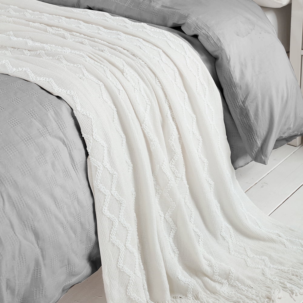 Lightweight Warm Fluffy Chenille Knitted Fringe Throw Blanket, Lightweight Soft Cozy Bed Sofa Chair Blanket, White, 50" x 60" - Luxury Knitted Decorative Throw Blanket with Fringes Detail