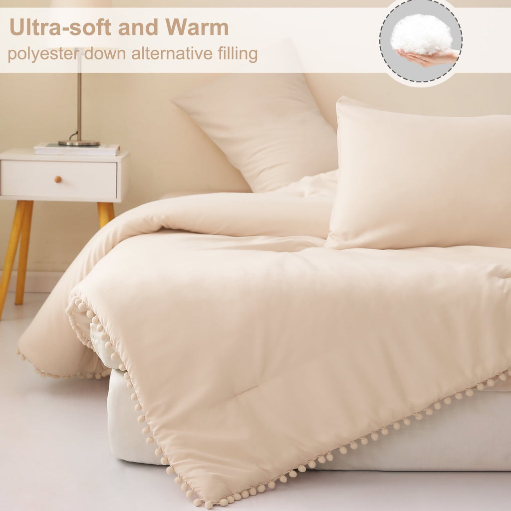 Fluffy Down Alternative Boho Pom Pom Ball Fringe King Size Comforter Set, 3 Pieces Beige Lightweight Down Alternative Bedding Comforter Sets ... - All-Season Down Alternative Comforter Insert Detail