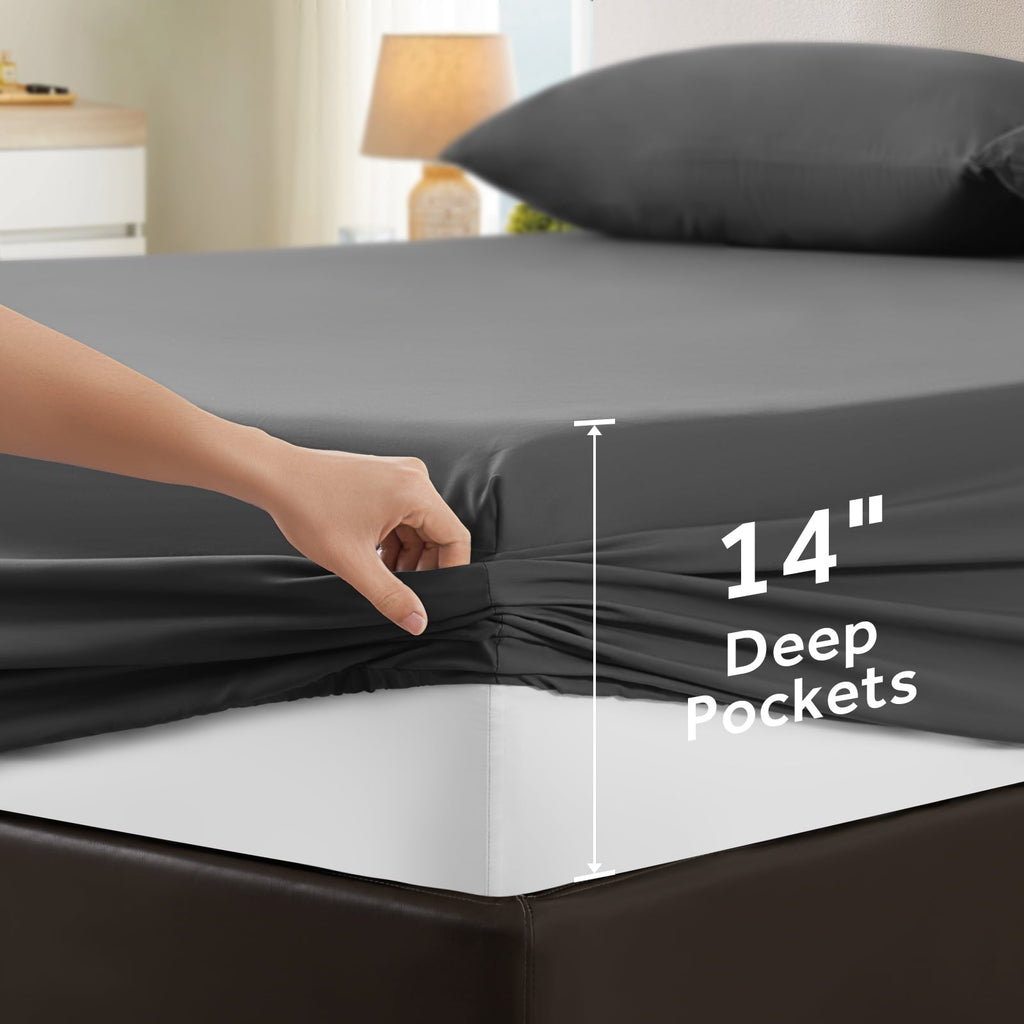 Wrinkle-Resistant Sheets,Soft Hotel Luxury Polyester Washed Cotton,4 Piece Sheets Set,with 14" Deep Pocket,Dark Gray - Luxury Bed Sheet Set with Deep Pockets Detail