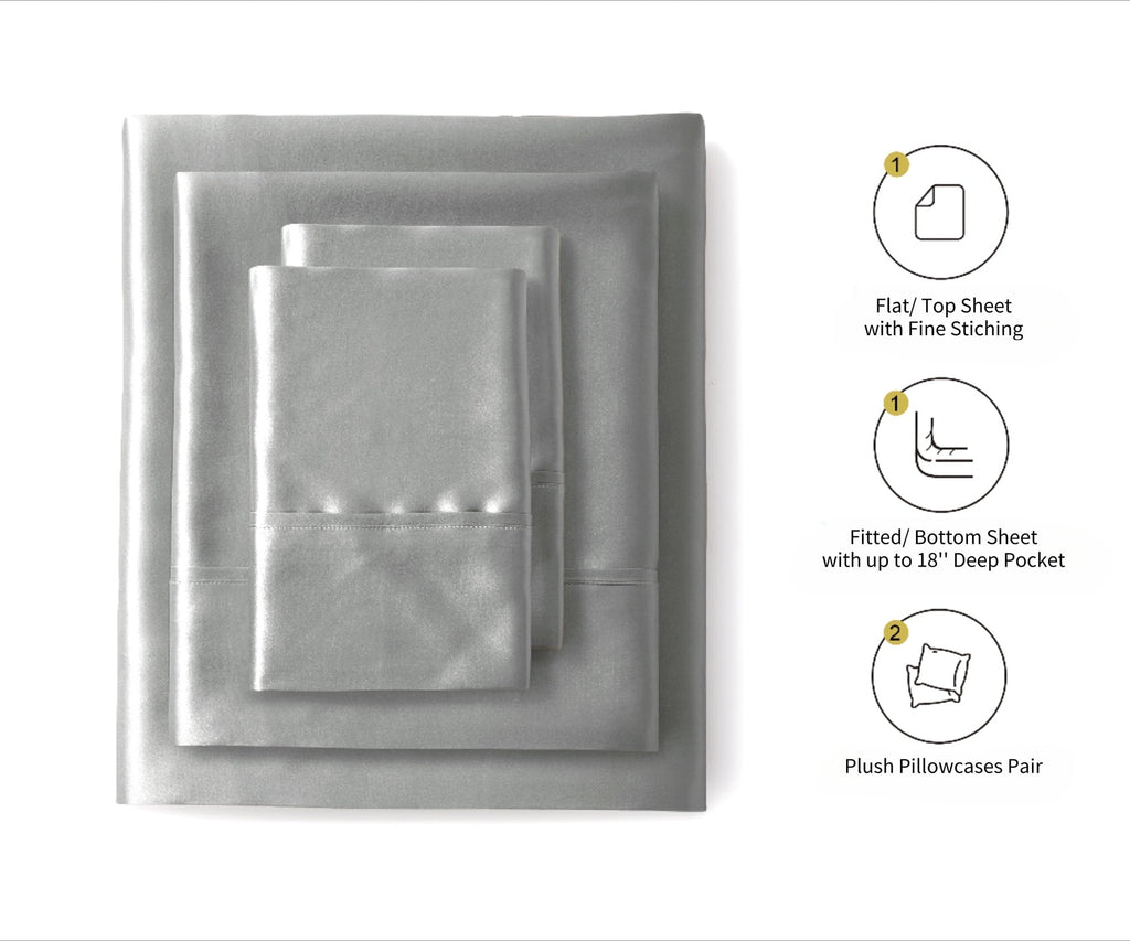 Ultra-Soft Luxury Satin Sheets Set Full Size Light Gray, 4-Piece Bedding Sets with Deep Pockets - Soft and Smooth Satin Bed Shee... - Luxury Bed Sheet Set with Deep Pockets Detail