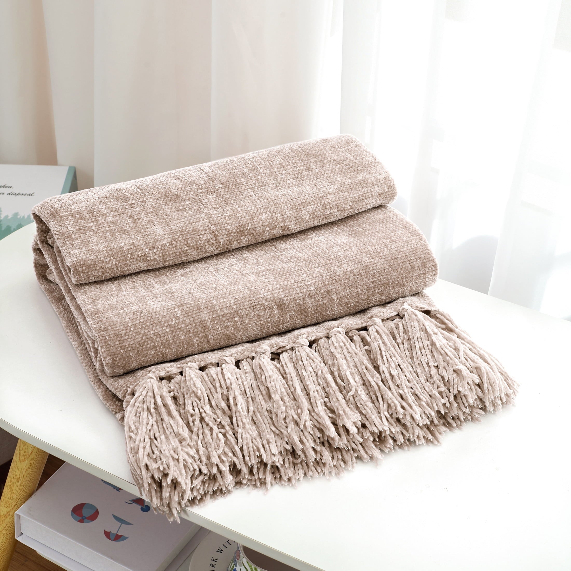 Cozy Fleece Chenille Throw Blanket with Fringe Tassel for Couch Sofa Chair Bed, Taupe 50" X 60" - Lightweight Plush Warm Blanket for All Seasons Detail