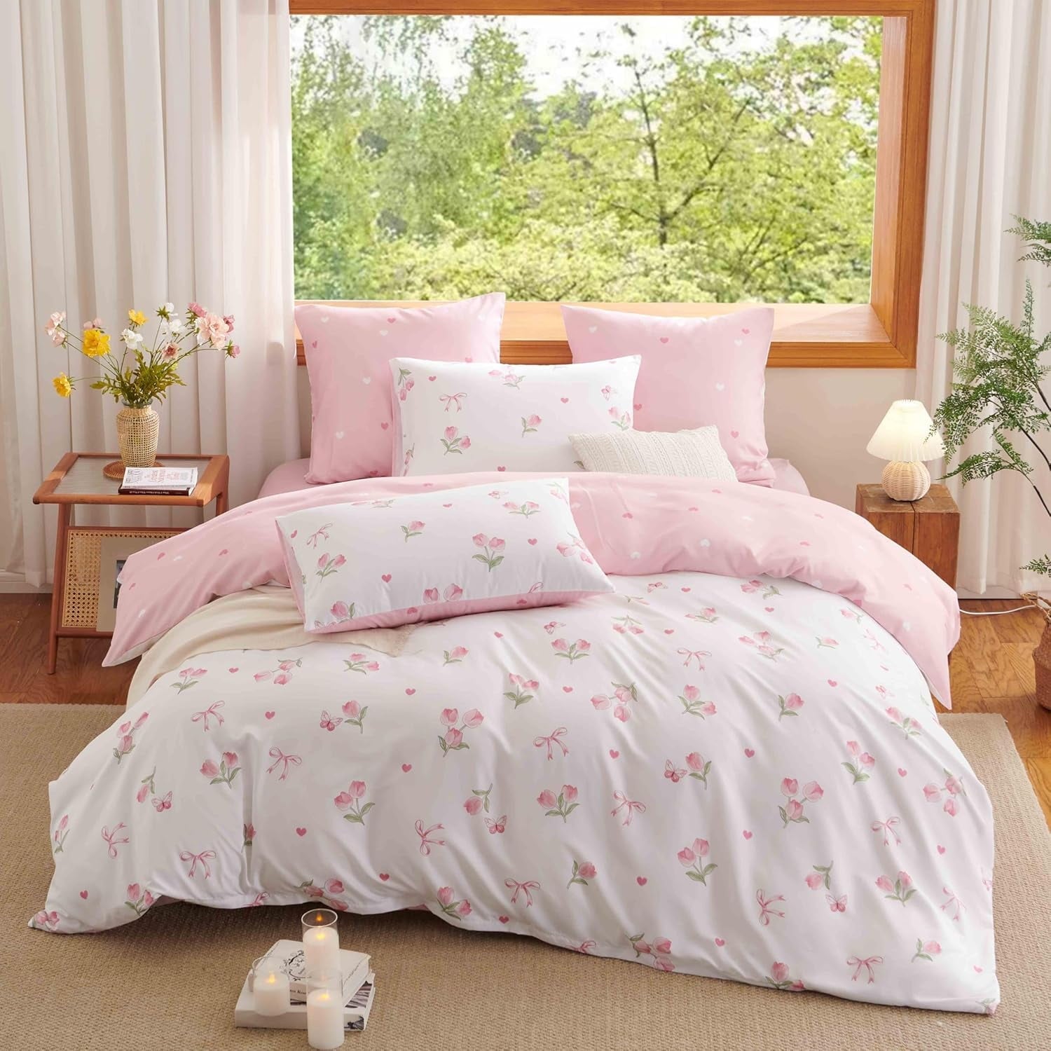 Heavyweight Warmth Pink Tulip Queen Comforter Set, 3-Piece Pink Flowers Reversible Soft Bedding Set or Adults All Season - Hypoallergenic Ultra-Fluffy Quilt for Winter Detail