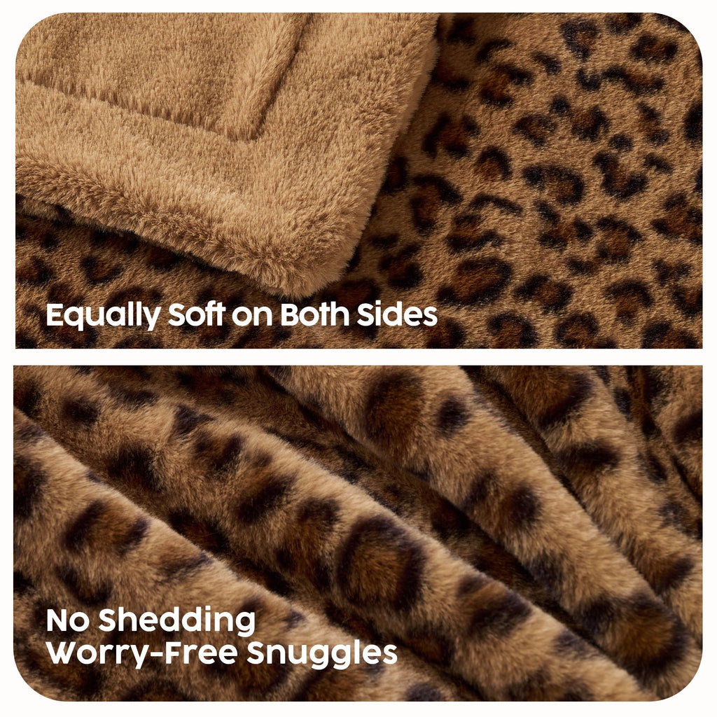 Reversible Sherpa Leopard Print Throw Blanket Soft Cozy Fluffy Plush Cheetah Print Blanket for Home Decor,50"x60",Brown - Super Soft Reversible Sherpa Flannel Blanket Detail