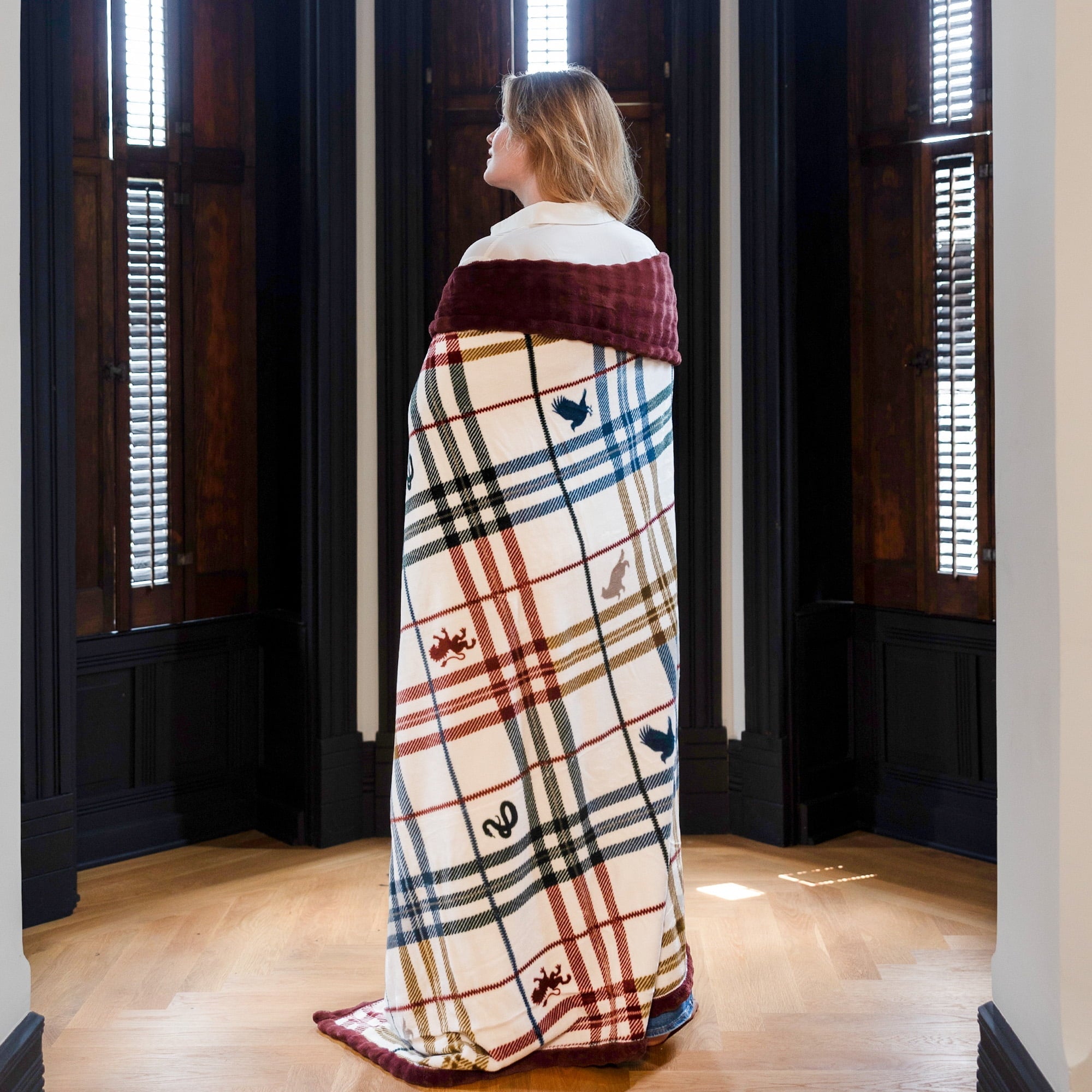 Reversible Sherpa Academic Plaid Tartan Crest with Faux Leather Patch and Milky Mink Reverse Throw, 60x70 inches - Super Soft Reversible Sherpa Flannel Blanket Detail