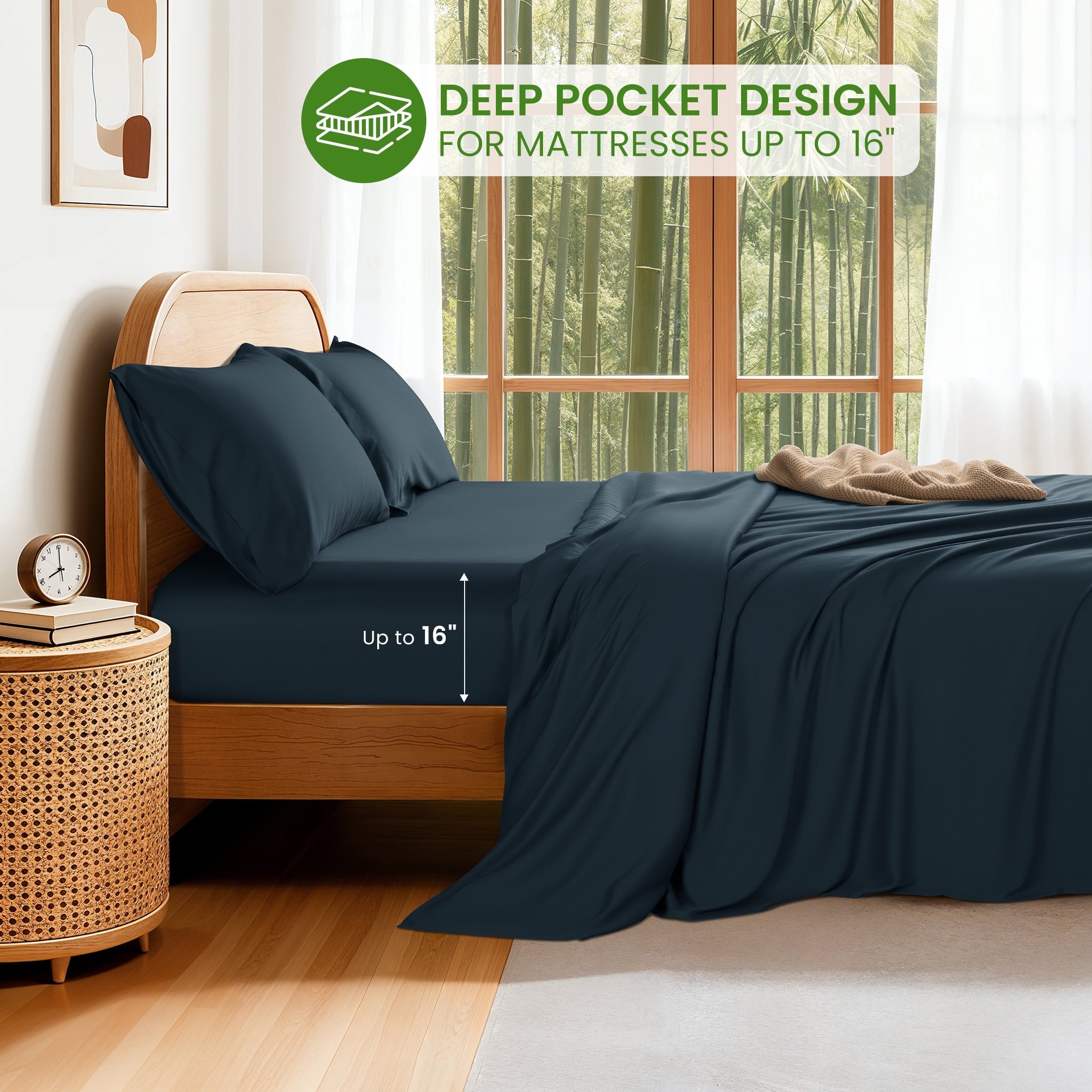 Breathable Luxury 100% Organic Luxurious Bamboo Sheets, Queen Sheet Set 4-Piece with 16" Deep Pocket, Silky Smooth Luxury Bed Sheets, N... - Cooling Hotel Quality Bedding Sheets and Pillowcases Detail