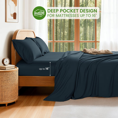 Breathable Luxury 100% Organic Luxurious Bamboo Sheets, Queen Sheet Set 4-Piece with 16" Deep Pocket, Silky Smooth Luxury Bed Sheets, N... - Cooling Hotel Quality Bedding Sheets and Pillowcases Detail