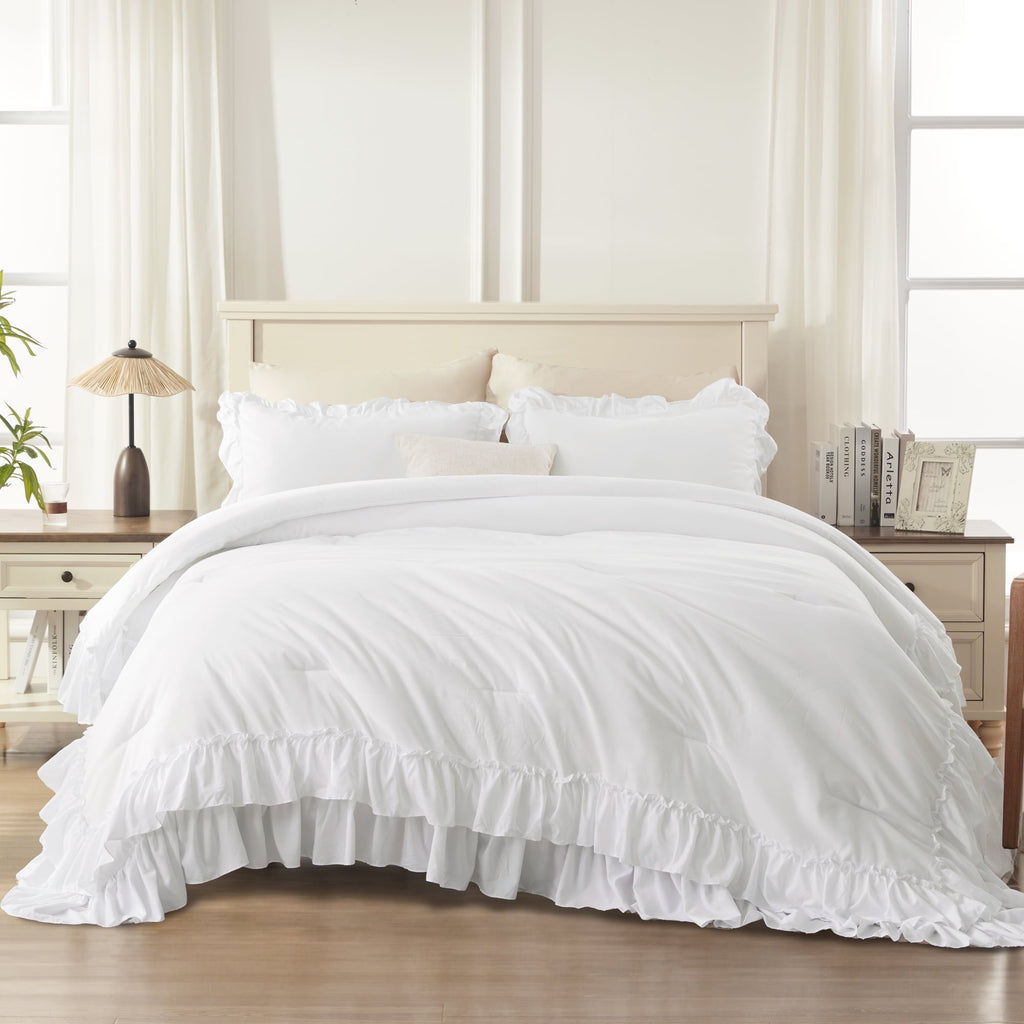 Heavyweight Warmth Queen Comforter Set White - 3 Pieces Soft Fluffy Ruffle Bedding Comforter Sets for Queen Bed, All Season Farmhouse Li... - Luxurious Quilted Duvet Cover Set Detail