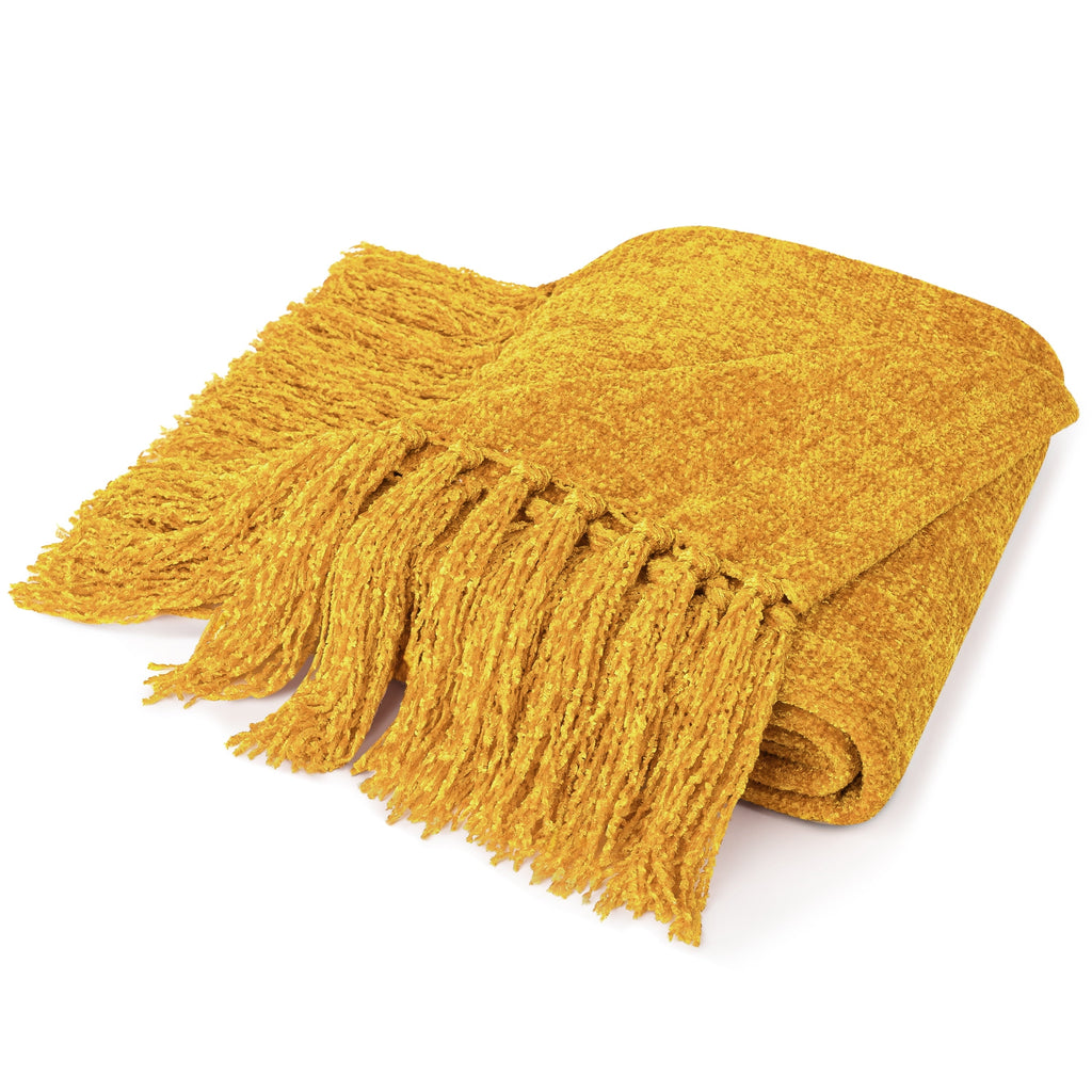 Super Soft Flannel Mustard Yellow Chenille Throw Blanket for Couch, Soft Gold Knit Blanket with Tassel Fringe, Woven Chenille Knitted De... - Super Soft Reversible Sherpa Flannel Blanket Detail