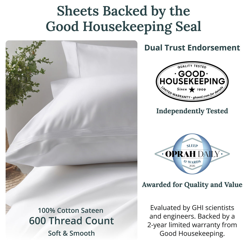 Wrinkle-Resistant 100% Cotton Queen Sheets Set - 600 Thread Count 100% Cotton Sheets Queen, Sateen Deep Pocket Adult/Teen 4 Piece Bed Sh - Premium Ultra-Soft Pillowcase Pair for Sleeping Detail