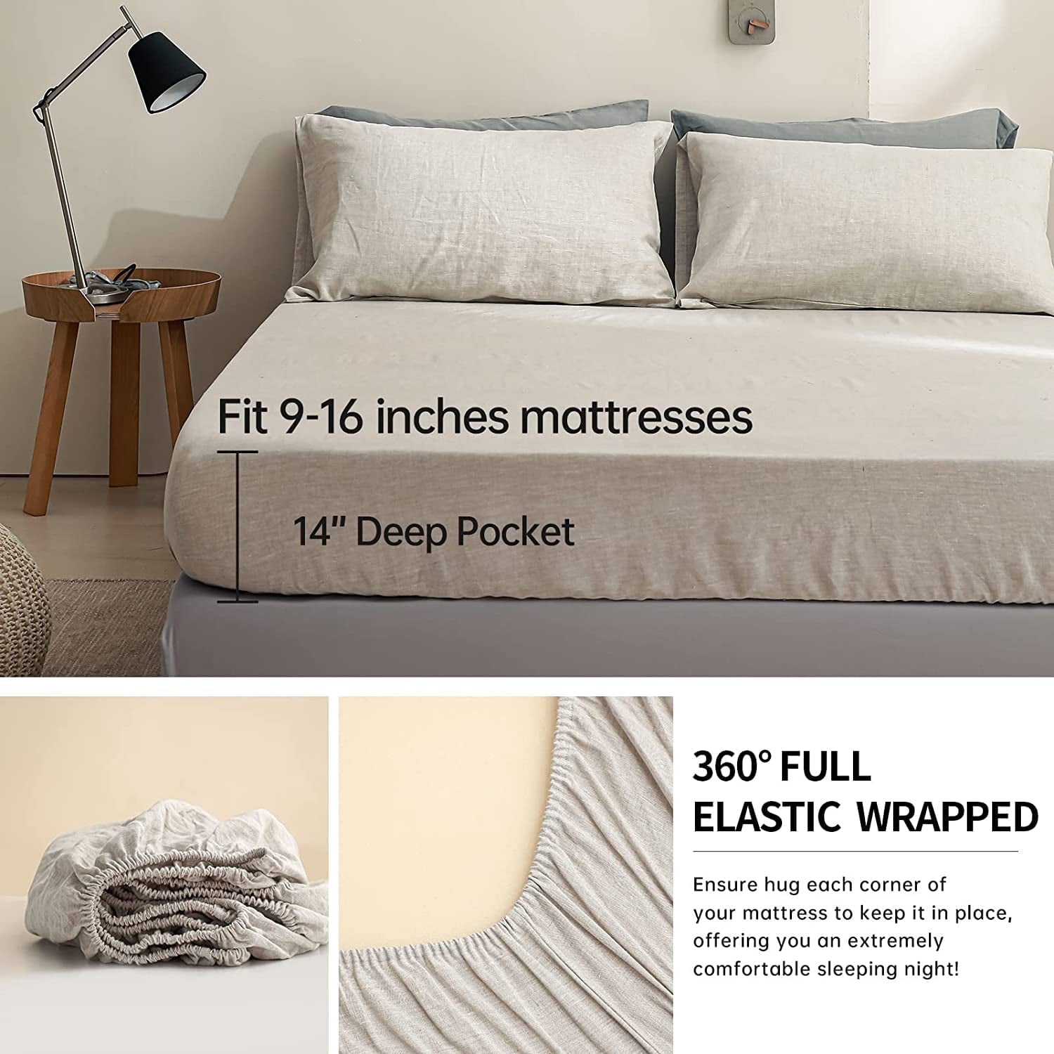 Breathable Luxury 100% Linen Sheet Set Solid Color-4 Pcs Washed French Linen Bed Sheets(1 Flat Sheet,1 Fitted Sheet,2 Pillowcases)-Brea... - Breathable Egyptian Cotton Flat & Fitted Sheets Detail