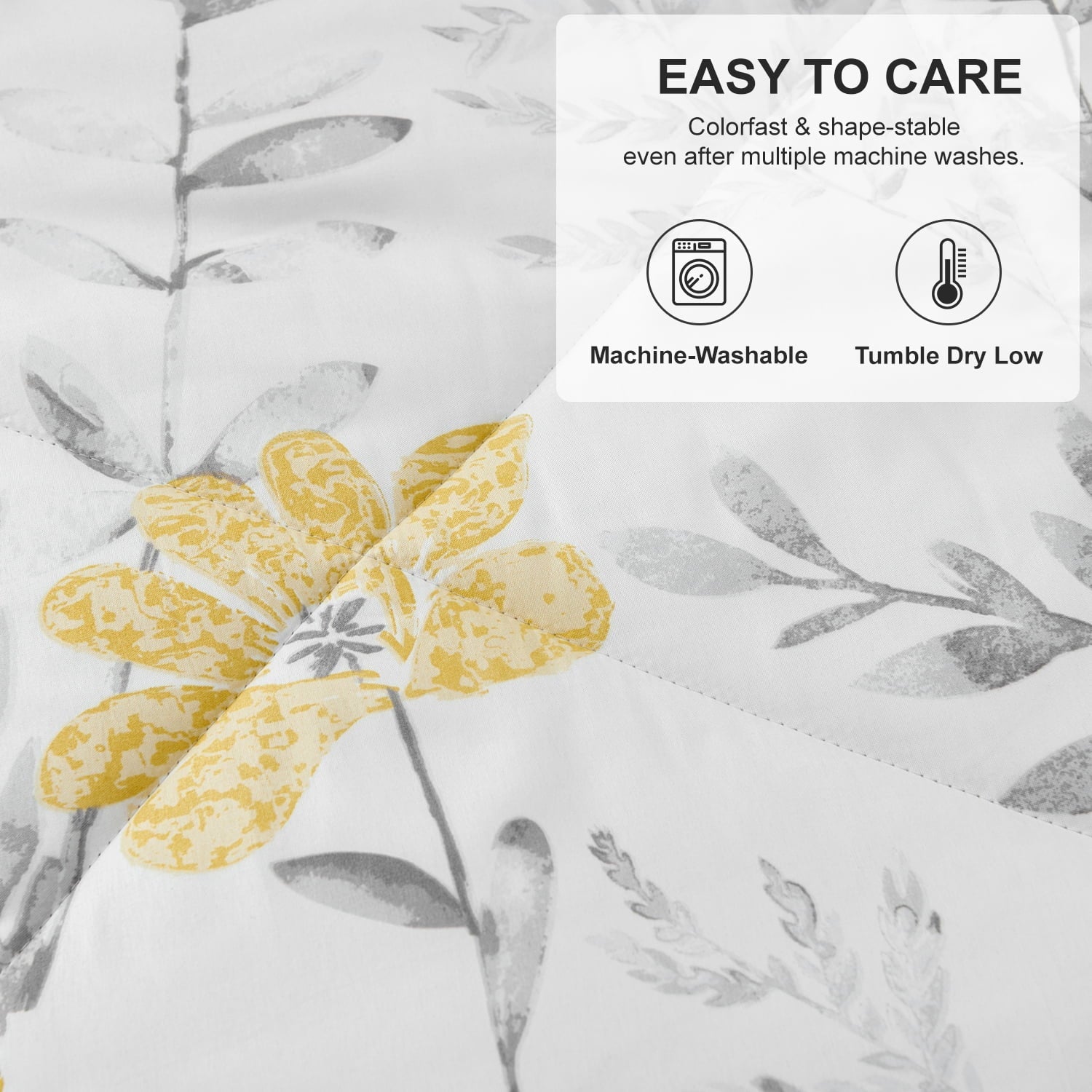 Luxurious Quilted 3 Piece Comforter Set Queen Yellow Floral Quilt Microfiber Patchwork Bedspread - Cloud-Like Soft Lightweight Bed Comforter Detail