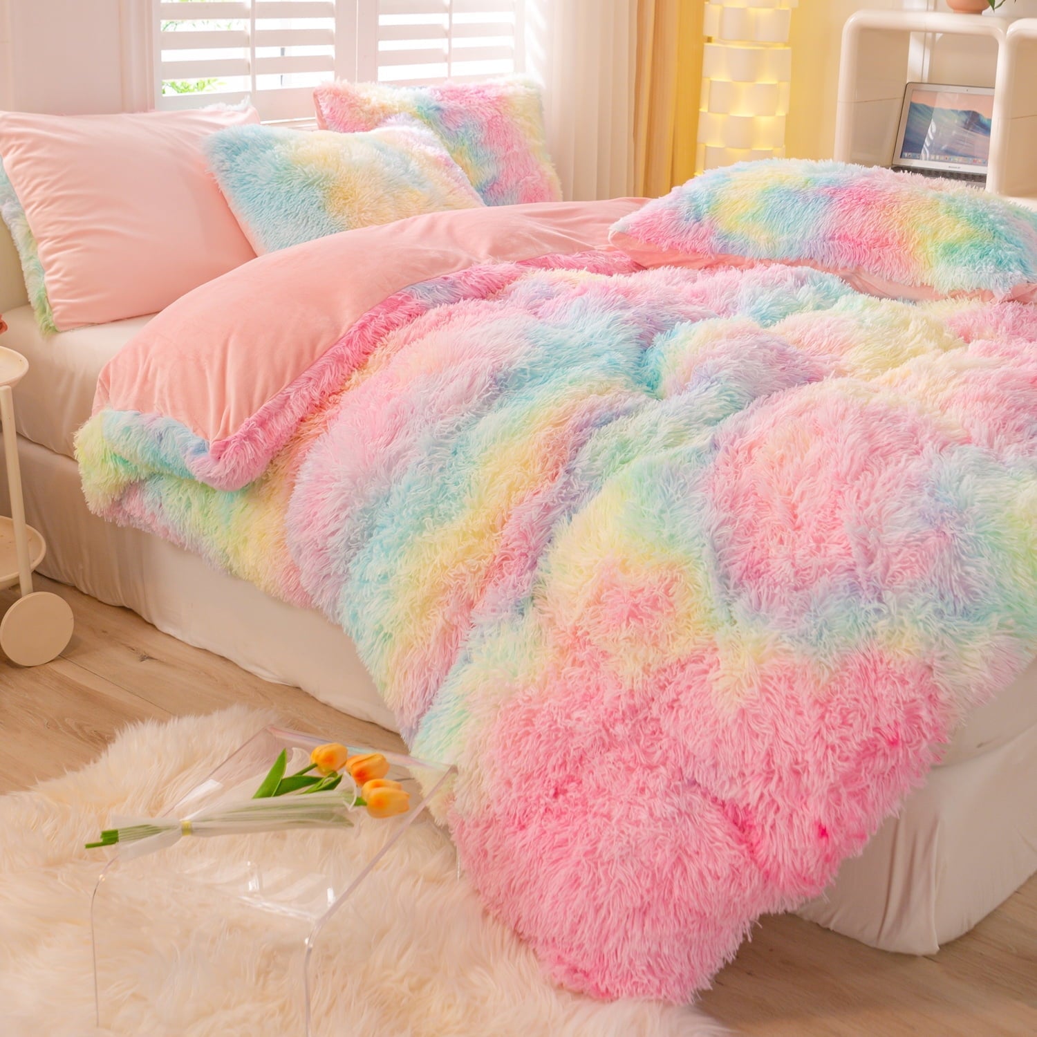Luxurious Quilted 3Pcs Pink Faux Fur Twin Comforter Set for Girls Tie Dye Rainbow Kid Bed Set Plush Shaggy Bedding Sets Fuzzy Bed Comfo... - All-Season Down Alternative Comforter Insert Detail