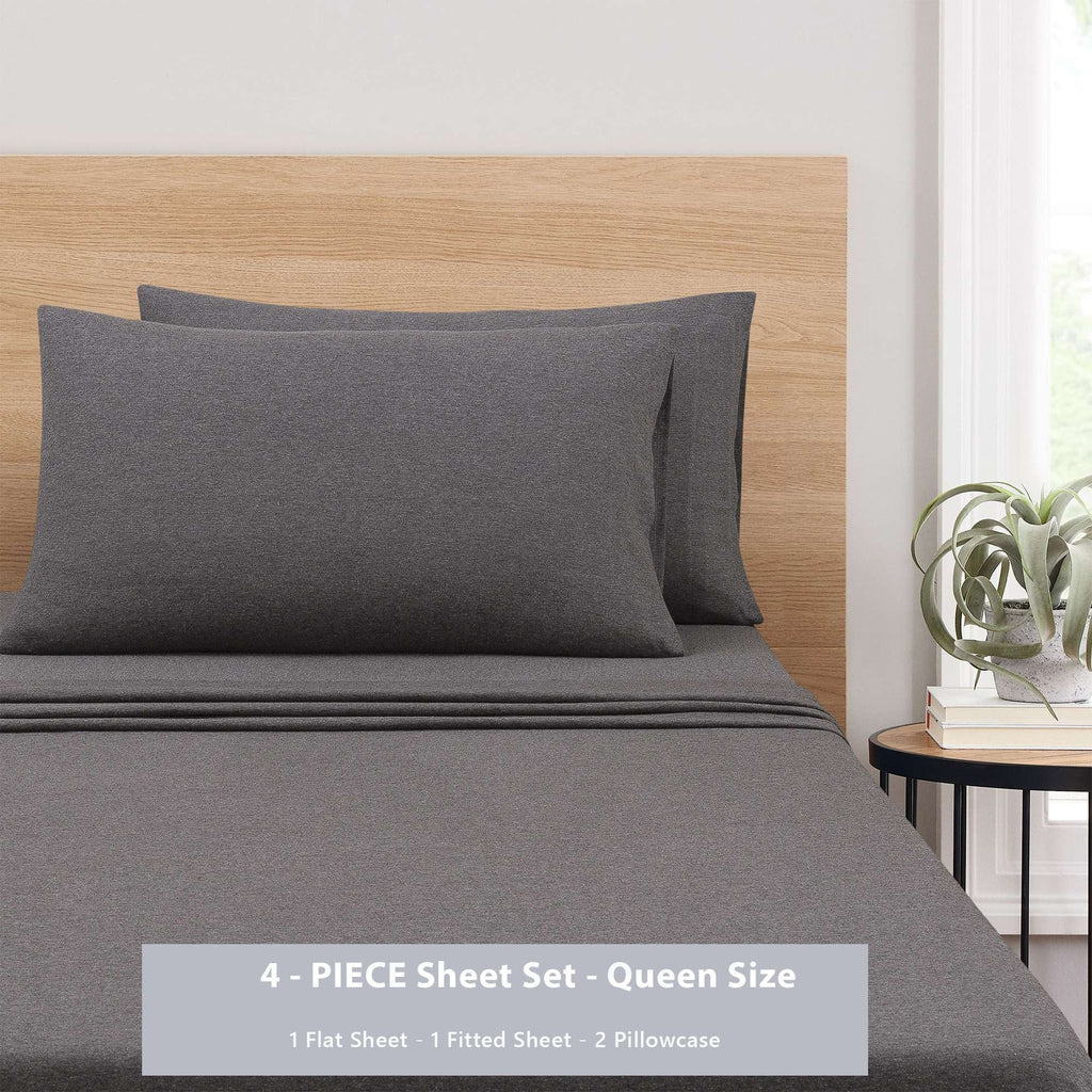 Ultra-Soft Cotton Rich Extra Soft Jersey Bed Sheet Set, Queen, Charcoal, 4 Pieces - Breathable Egyptian Cotton Flat & Fitted Sheets Detail