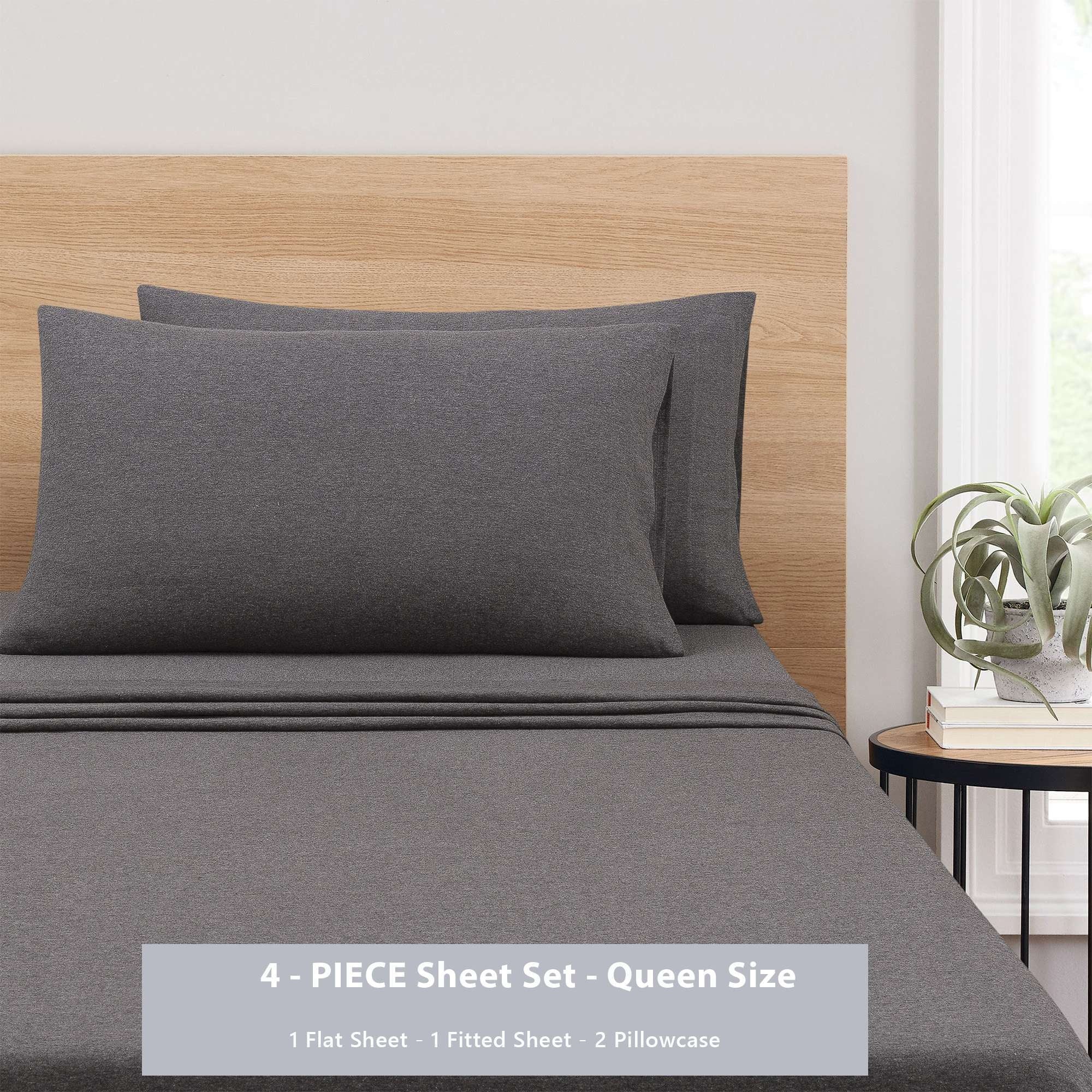 Ultra-Soft Cotton Rich Extra Soft Jersey Bed Sheet Set, Queen, Charcoal, 4 Pieces - Breathable Egyptian Cotton Flat & Fitted Sheets Detail
