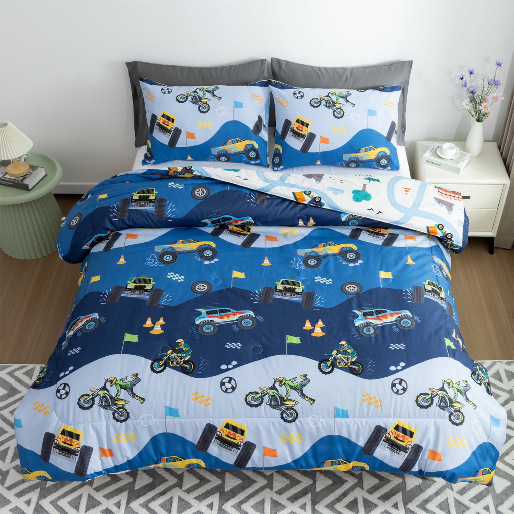 Hypoallergenic Cloud 3Pcs Reversible Construction Truck Twin Comforter Set for Boys Kids Excavator Vehicle Motorcycle Bedding Set Blue - Cloud-Like Soft Lightweight Bed Comforter Detail