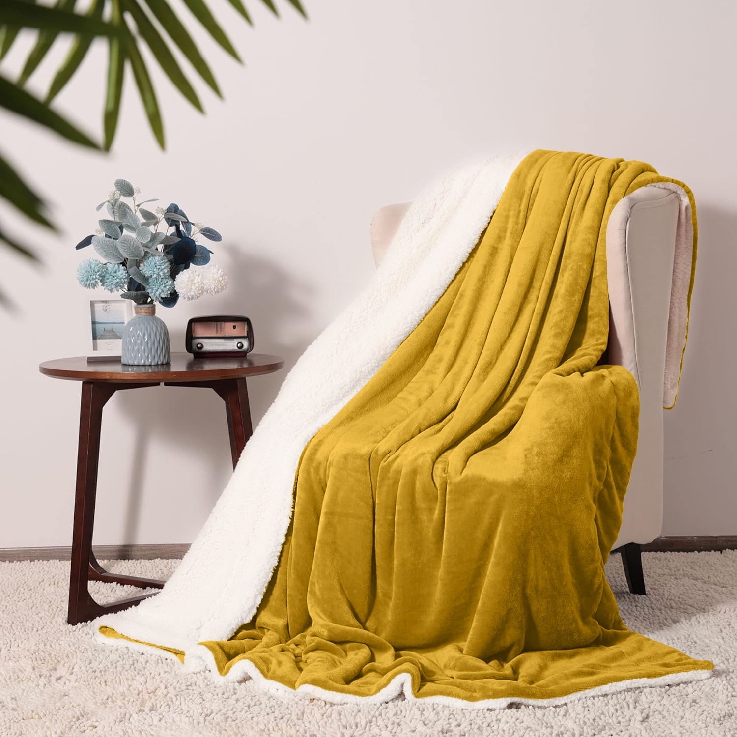 Lightweight Warm Moonlight20015 Sherpa Blanket Fluffy Plush Couch & Travel Blanket Reversible Throw Size Ochre Color - Luxury Knitted Decorative Throw Blanket with Fringes Detail