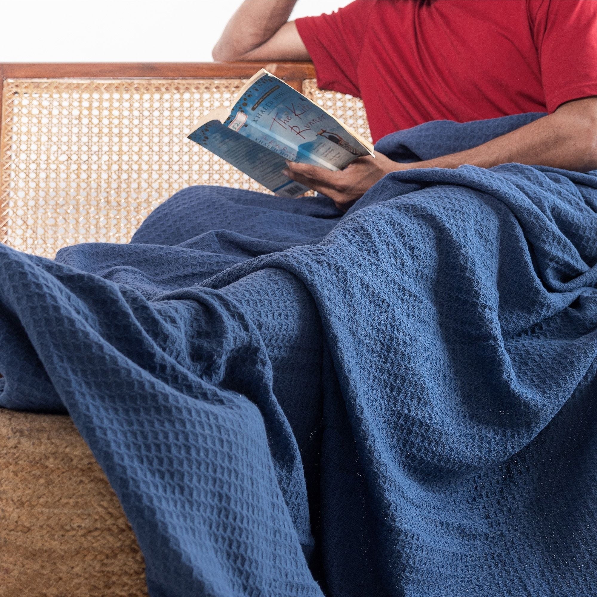 Cozy Fleece Twin Waffle Throw Blanket for Couch (68" x 92"), 100% Cotton Throw Blankets for Bed, Waffle Blanket for Bed (Navy) - Cozy Fleece Throw Blanket for Couch & Bed Detail