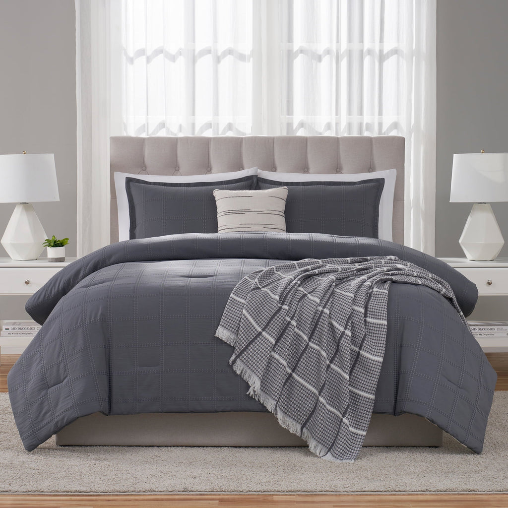All-Season Full/Queen Comforter Set, All-Season, 5-Piece, Grey Waffle Check - Hypoallergenic Ultra-Fluffy Quilt for Winter Detail