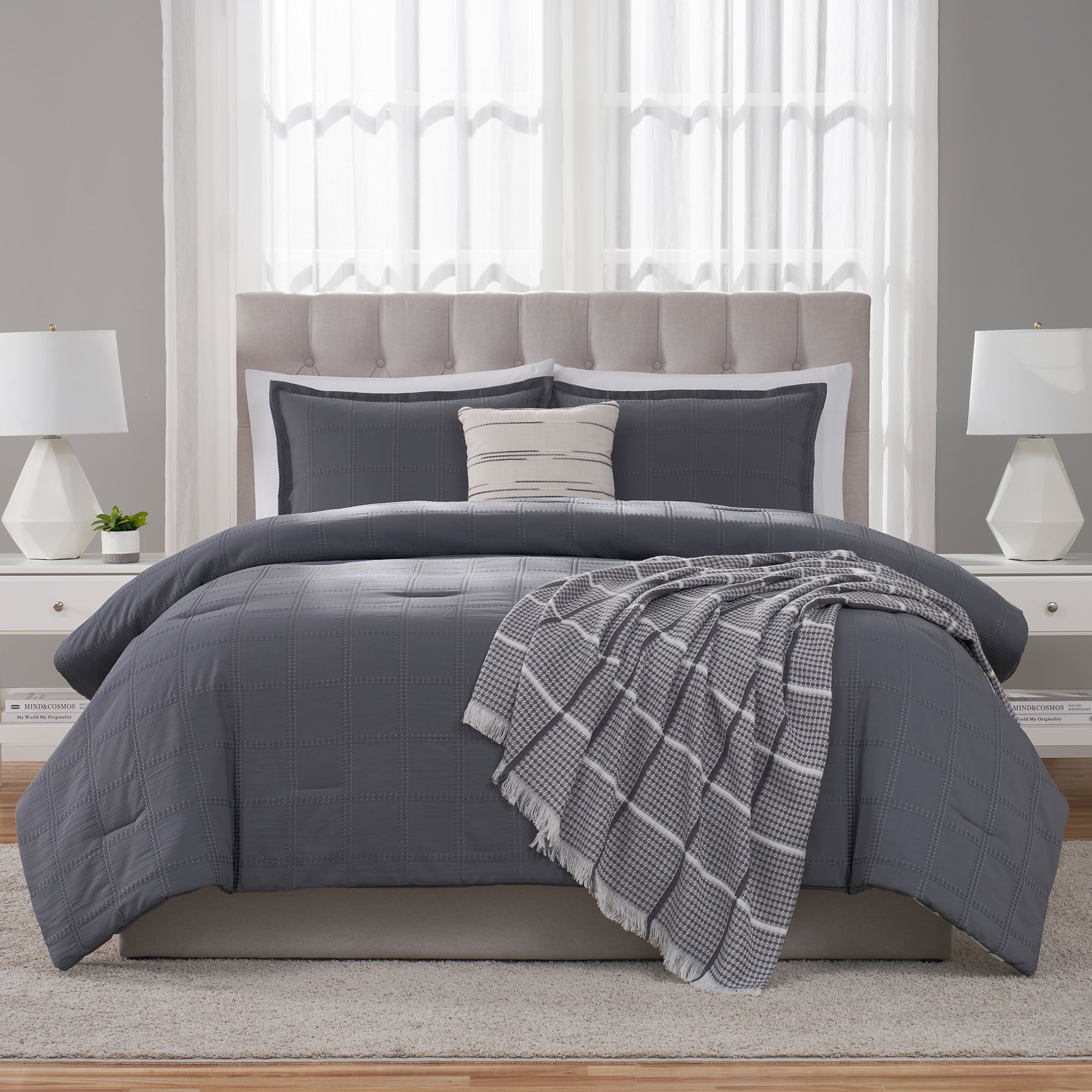 All-Season Full/Queen Comforter Set, All-Season, 5-Piece, Grey Waffle Check - Hypoallergenic Ultra-Fluffy Quilt for Winter Detail