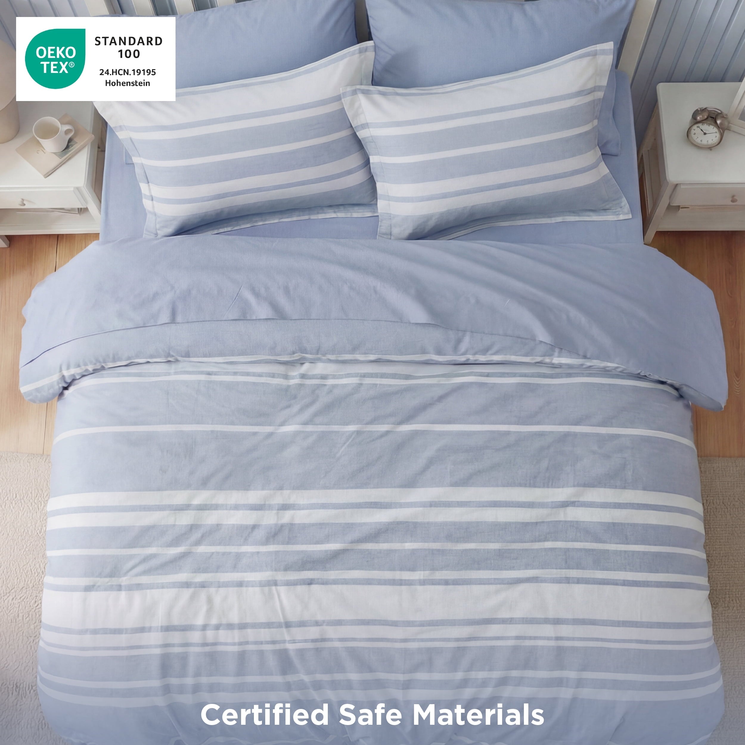 Luxurious Quilted Queen Comforter Set Blue, Bed in a Bag Queen Size Bedding 7-Pieces, Striped Bedding Set for All Seasons - Cloud-Like Soft Lightweight Bed Comforter Detail