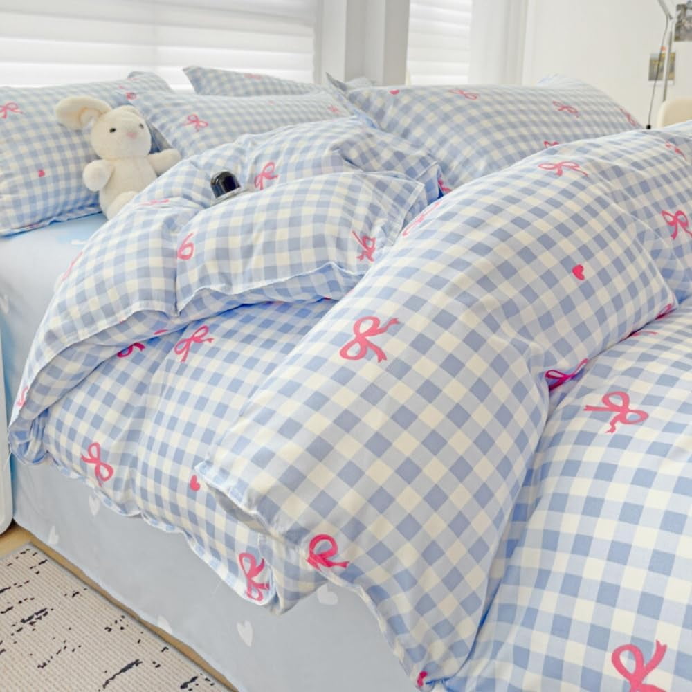 Hypoallergenic Cloud 3-Piece Blue Plaid Pink Bows Comforter Full Set , Cute Soft Bedding Set for Kids Adults - All-Season Down Alternative Comforter Insert Detail