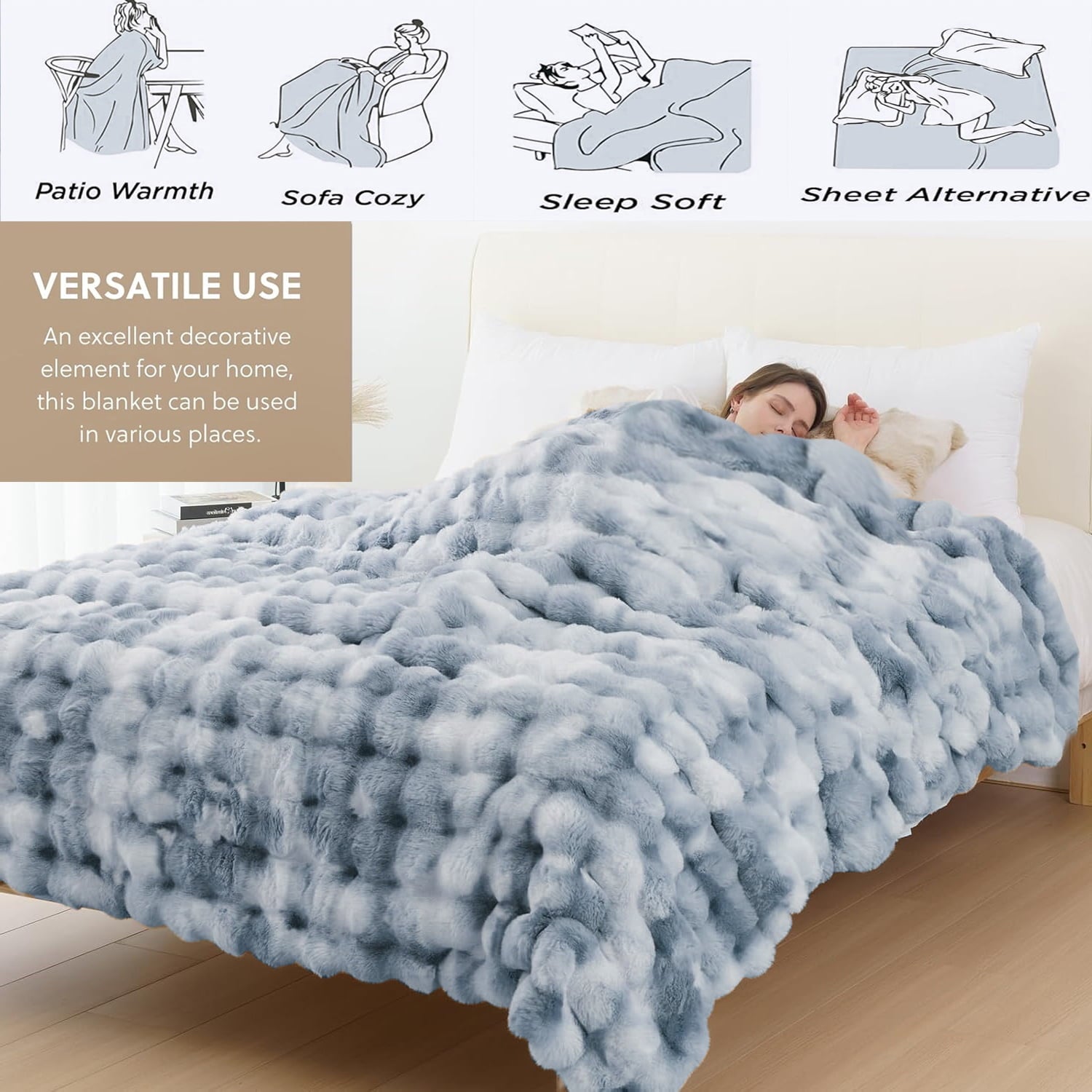 Reversible Sherpa Faux Fur Blanket Fluffy Luxury Throw Blanket Plush Fuzzy Blanket for Couch Bed 50×60 Inches Tie-dyed Blue - Luxury Knitted Decorative Throw Blanket with Fringes Detail