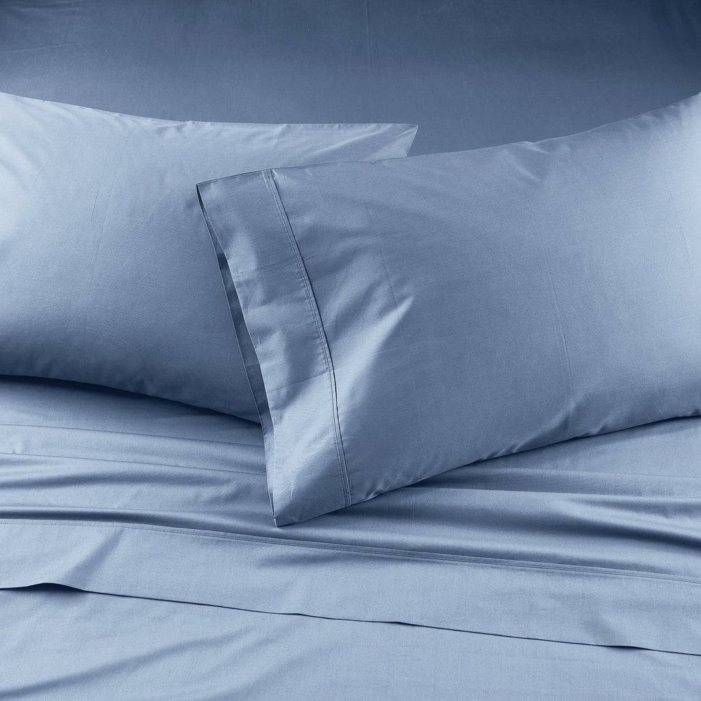 Wrinkle-Resistant Cool & Crisp 3-Piece 300 Thread Count Blue Water Cotton Percale Sheet Set, Twin - Breathable Egyptian Cotton Flat & Fitted Sheets Detail