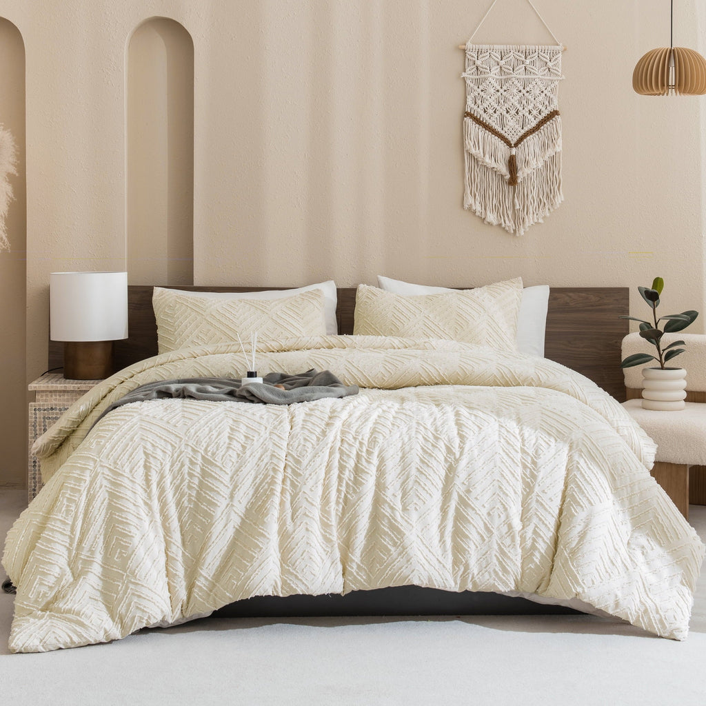 Heavyweight Warmth King Size Comforter Sets Beige - 3 Pieces Cream Boho Bedding Comforter Set for King Bed - Soft Fluffy Tufted Textured... - Luxurious Quilted Duvet Cover Set Detail