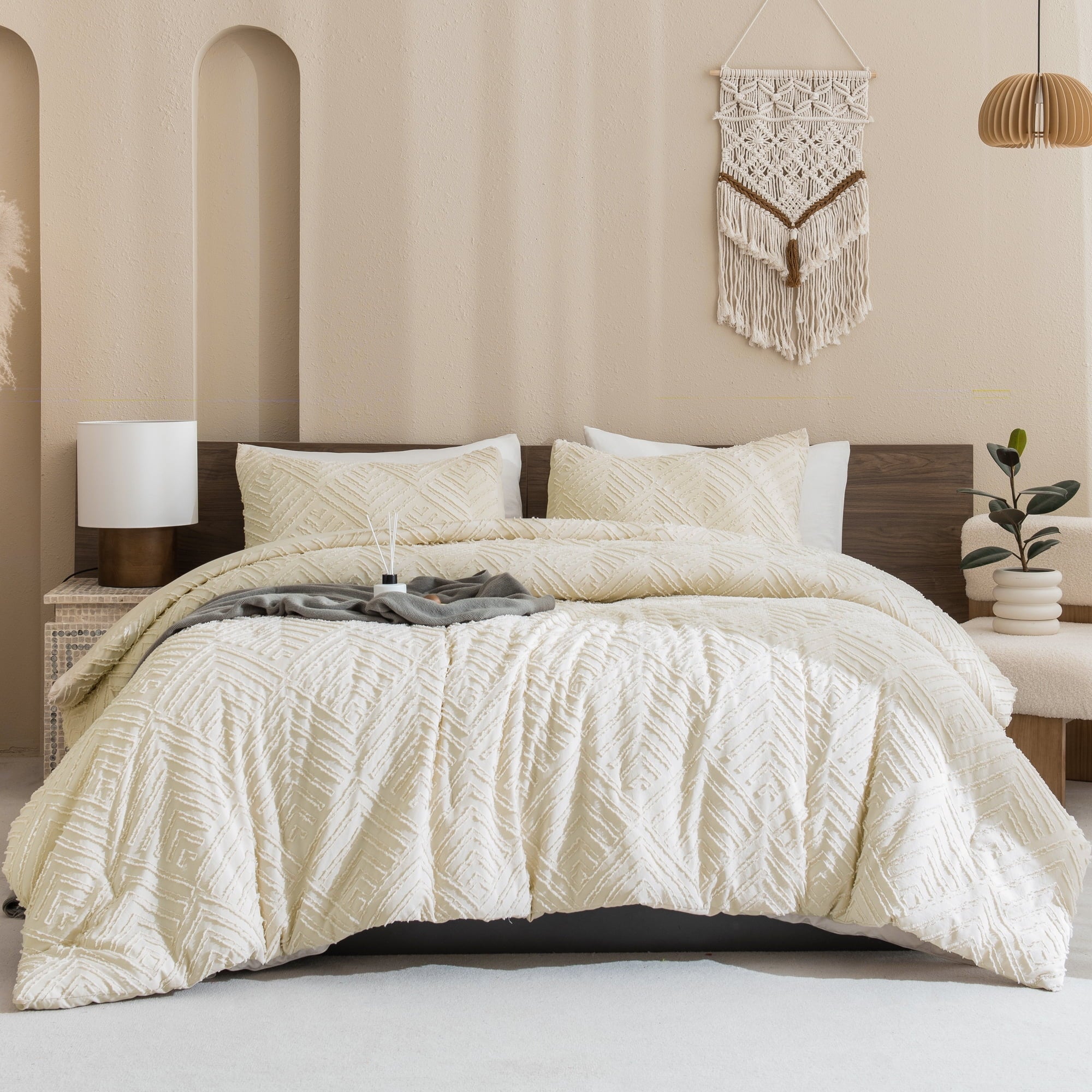 Heavyweight Warmth King Size Comforter Sets Beige - 3 Pieces Cream Boho Bedding Comforter Set for King Bed - Soft Fluffy Tufted Textured... - Luxurious Quilted Duvet Cover Set Detail