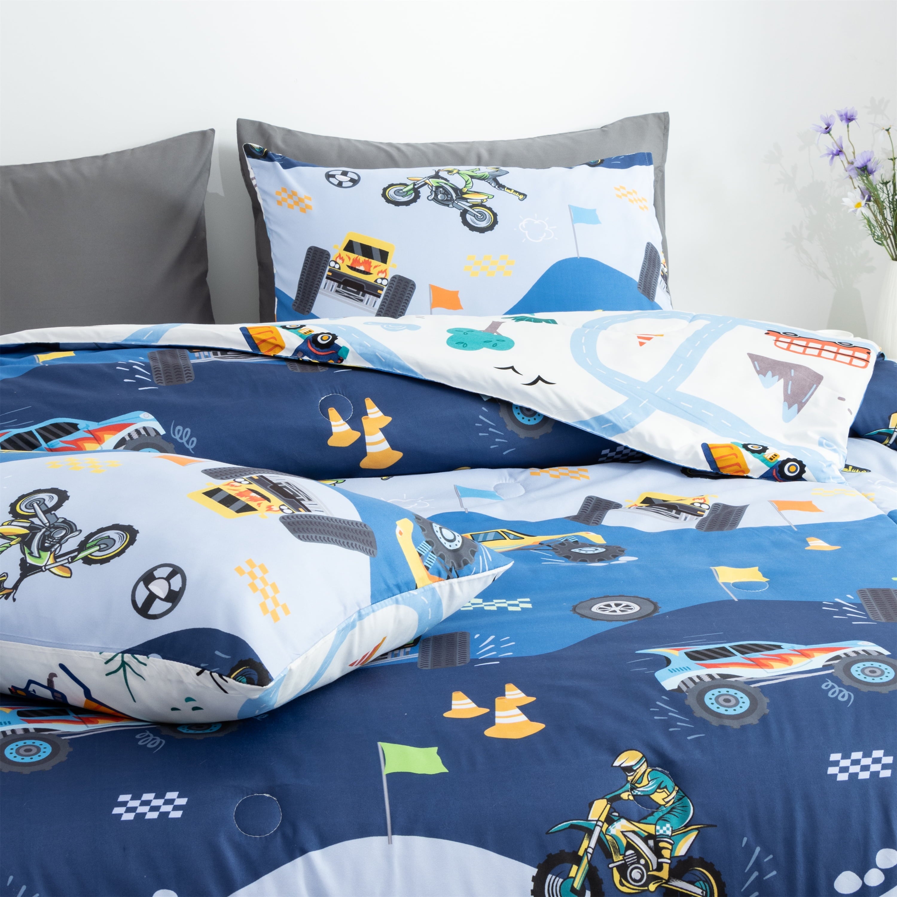 Hypoallergenic Cloud 3Pcs Reversible Construction Truck Twin Comforter Set for Boys Kids Excavator Vehicle Motorcycle Bedding Set Blue - Cloud-Like Soft Lightweight Bed Comforter Detail