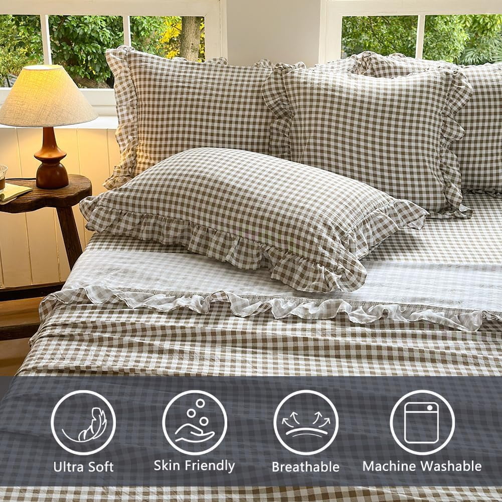 Premium Egyptian Cotton Tan Gingham Ruffle Queen Sheet Set, Taupe Soft Pre-Washed Microfiber Plaid Ruffled Queen Bed Sheets, 4-Pieces Farmhou... - Cooling Hotel Quality Bedding Sheets and Pillowcases Detail