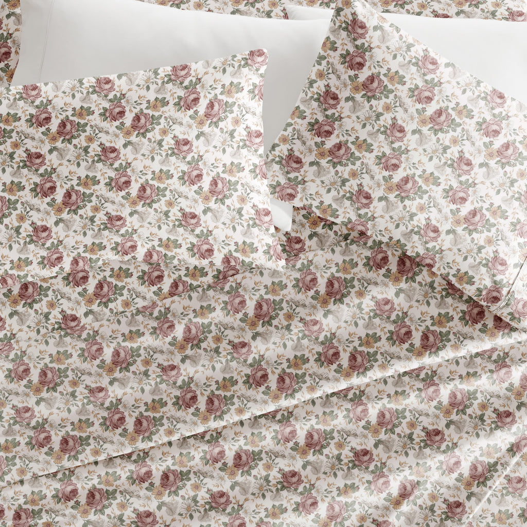 Wrinkle-Resistant 4 Piece Pattern Microfiber Bed Sheets Set, Blooming Floral Rose, Queen - Breathable Egyptian Cotton Flat & Fitted Sheets Detail