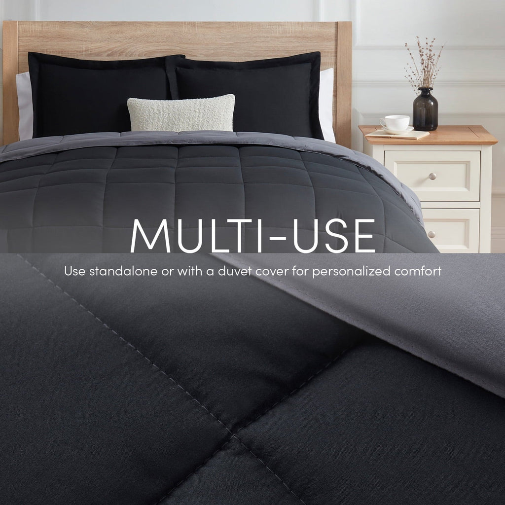 Fluffy Down Alternative Queen Comforter Set, 3 Piece Bed in a Bag, Reversible Down Alternative Bedding Set, Black & Gray - Cloud-Like Soft Lightweight Bed Comforter Detail